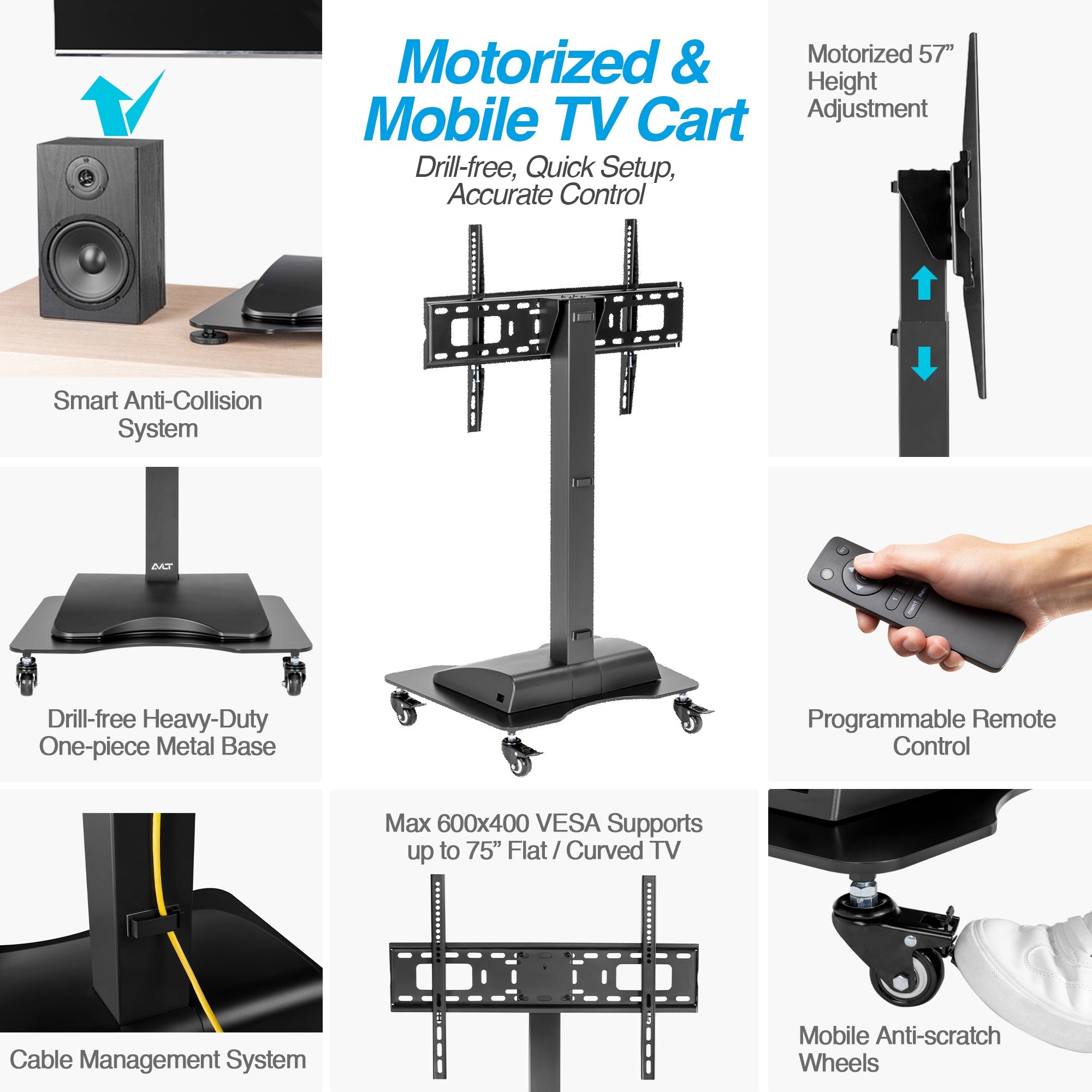 AVLT Motorized TV Lift Floor Rolling Stand - Black