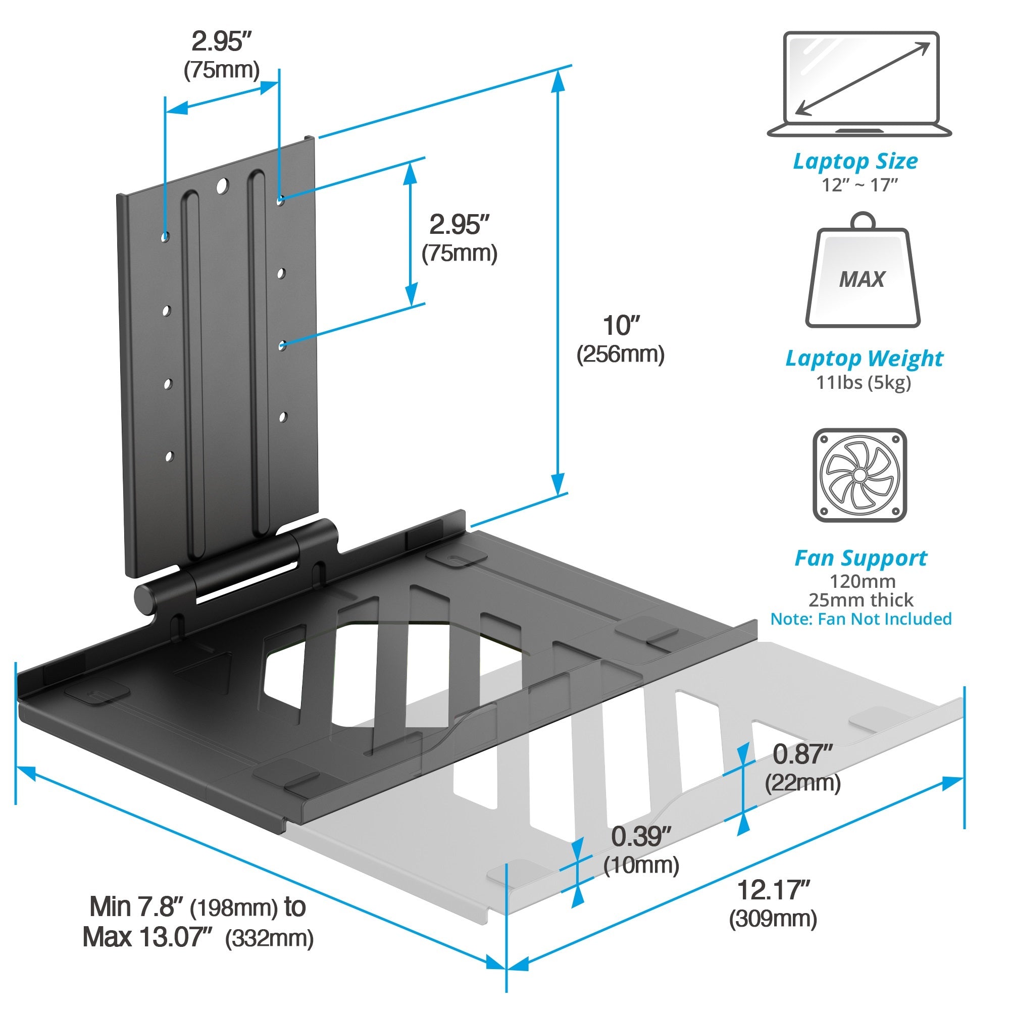 AVLT Adjustable Laptop Tray With Support For 120mm Fan Compatible With VESA 75x75 Monitor Arm - Black