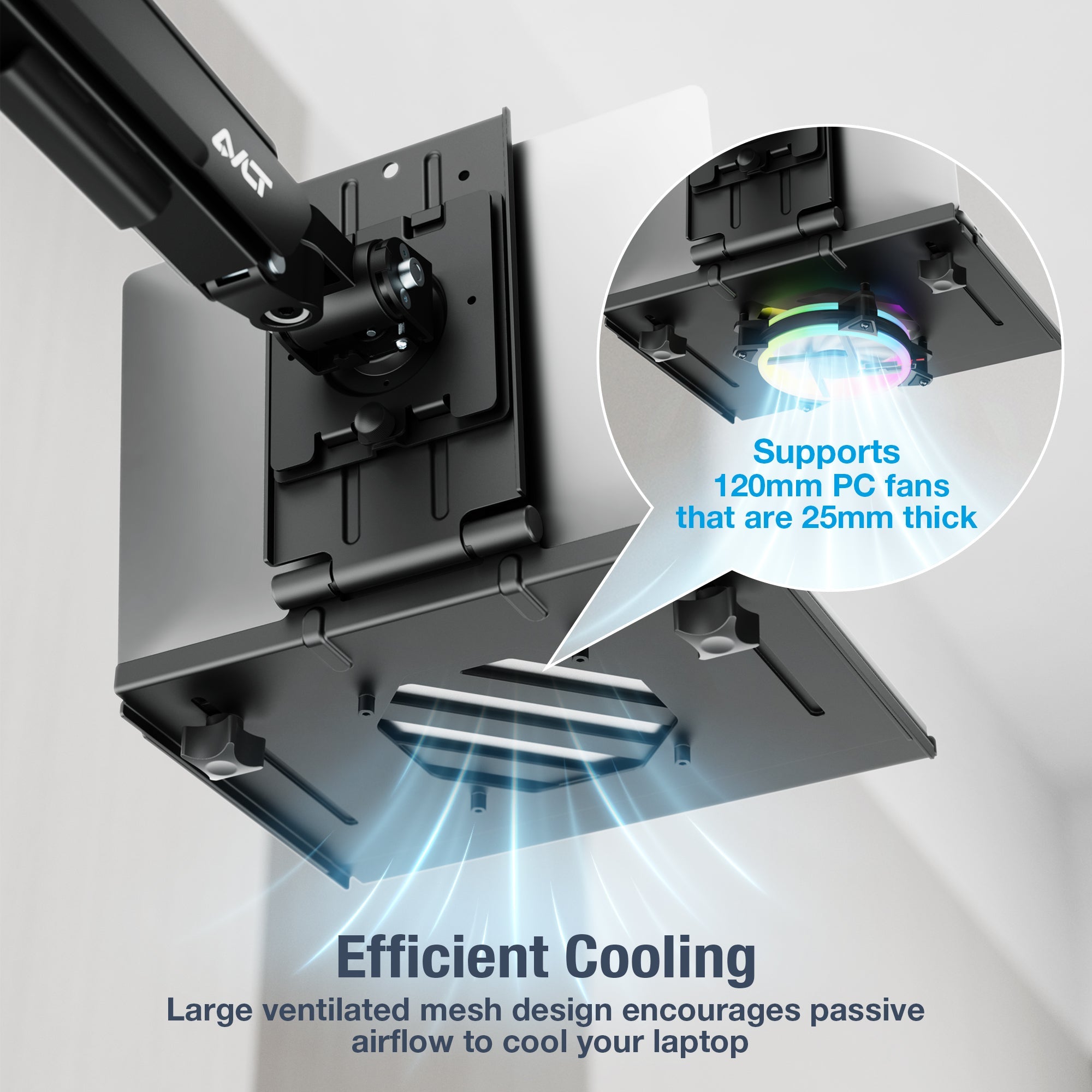 AVLT Adjustable Laptop Tray With Support For 120mm Fan Compatible With VESA 75x75 Monitor Arm - Black