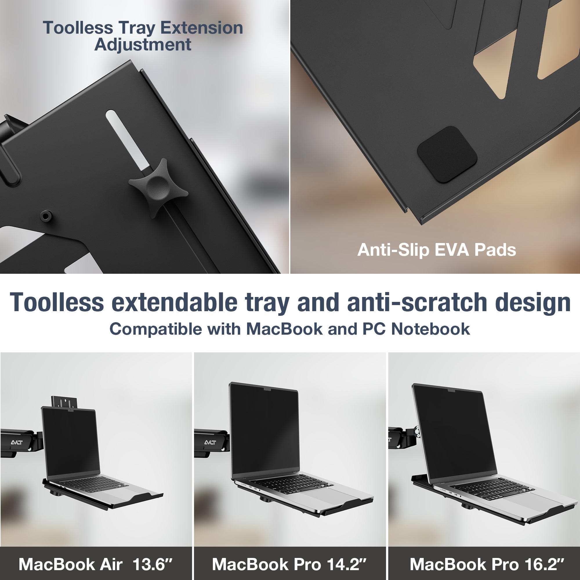 AVLT Adjustable Laptop Tray With Support For 120mm Fan Compatible With VESA 75x75 Monitor Arm - Black