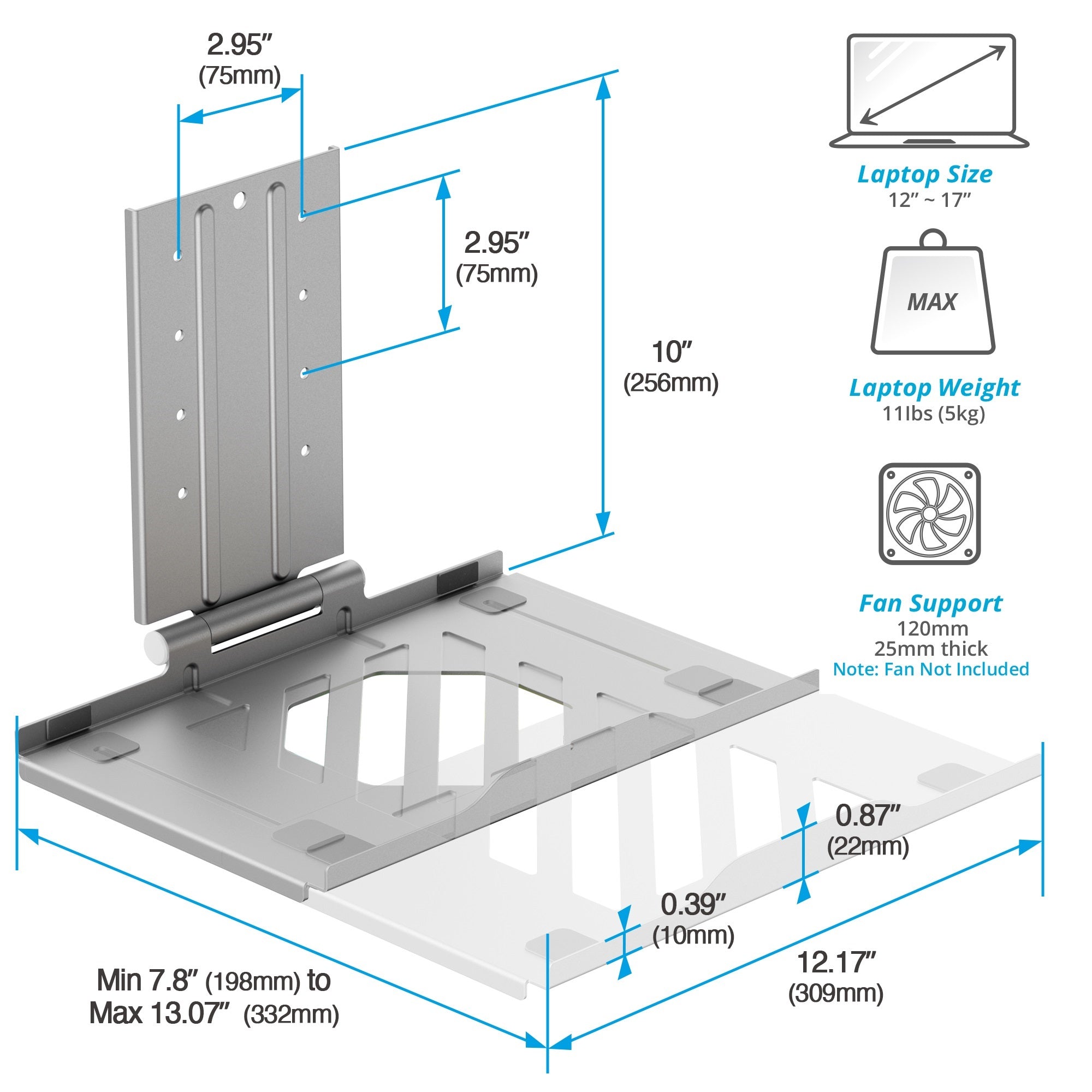 AVLT Adjustable Laptop Tray With Support For 120mm Fan Compatible With VESA 75x75 Monitor Arm - Gray