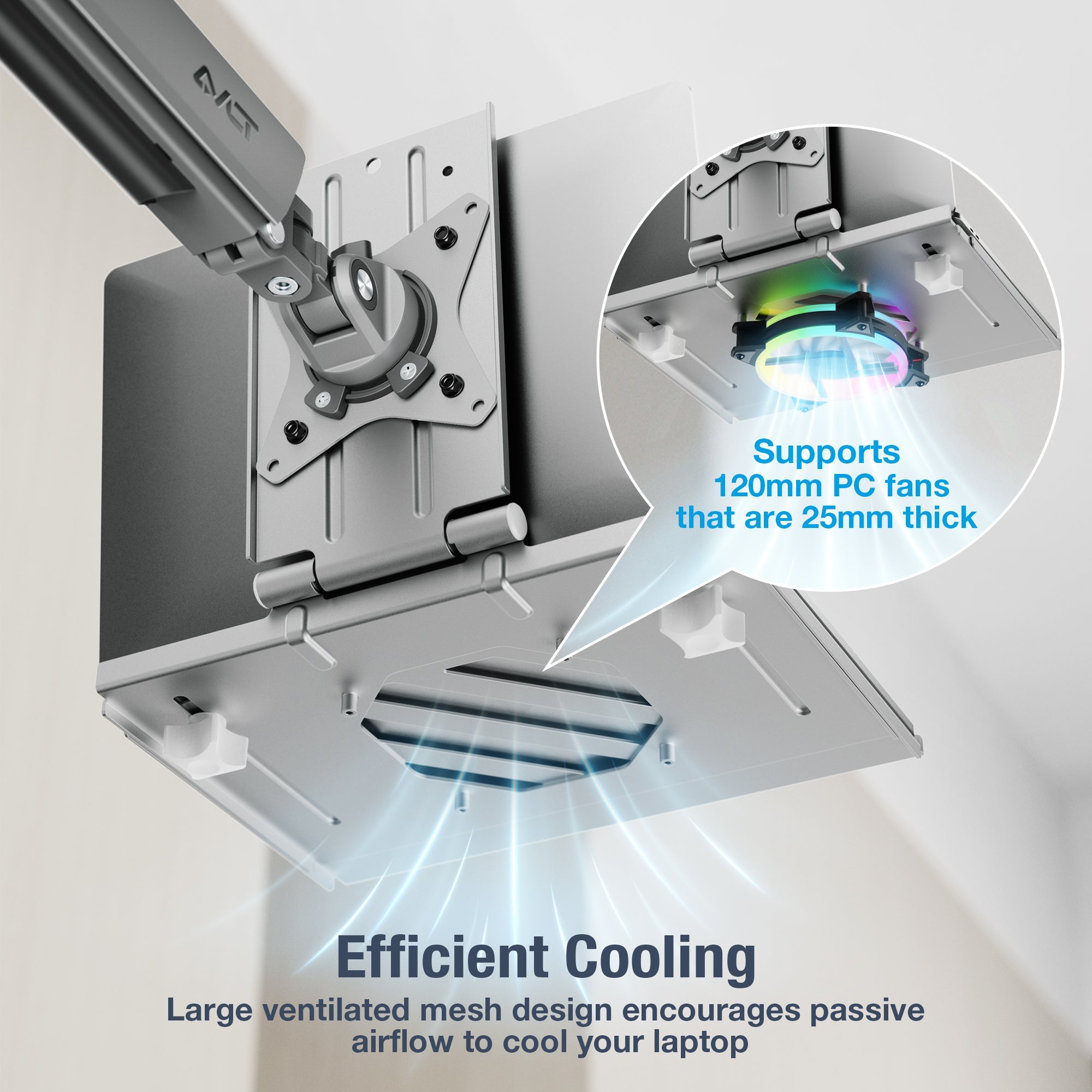 AVLT Adjustable Laptop Tray With Support For 120mm Fan Compatible With VESA 75x75 Monitor Arm - Gray