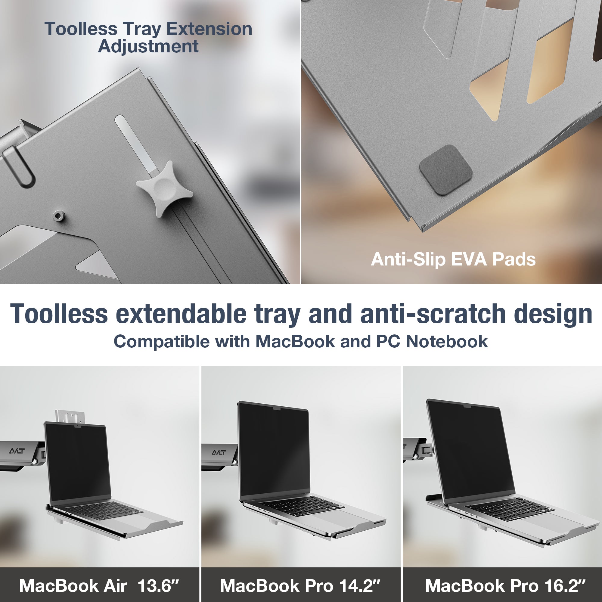 AVLT Adjustable Laptop Tray With Support For 120mm Fan Compatible With VESA 75x75 Monitor Arm - Gray