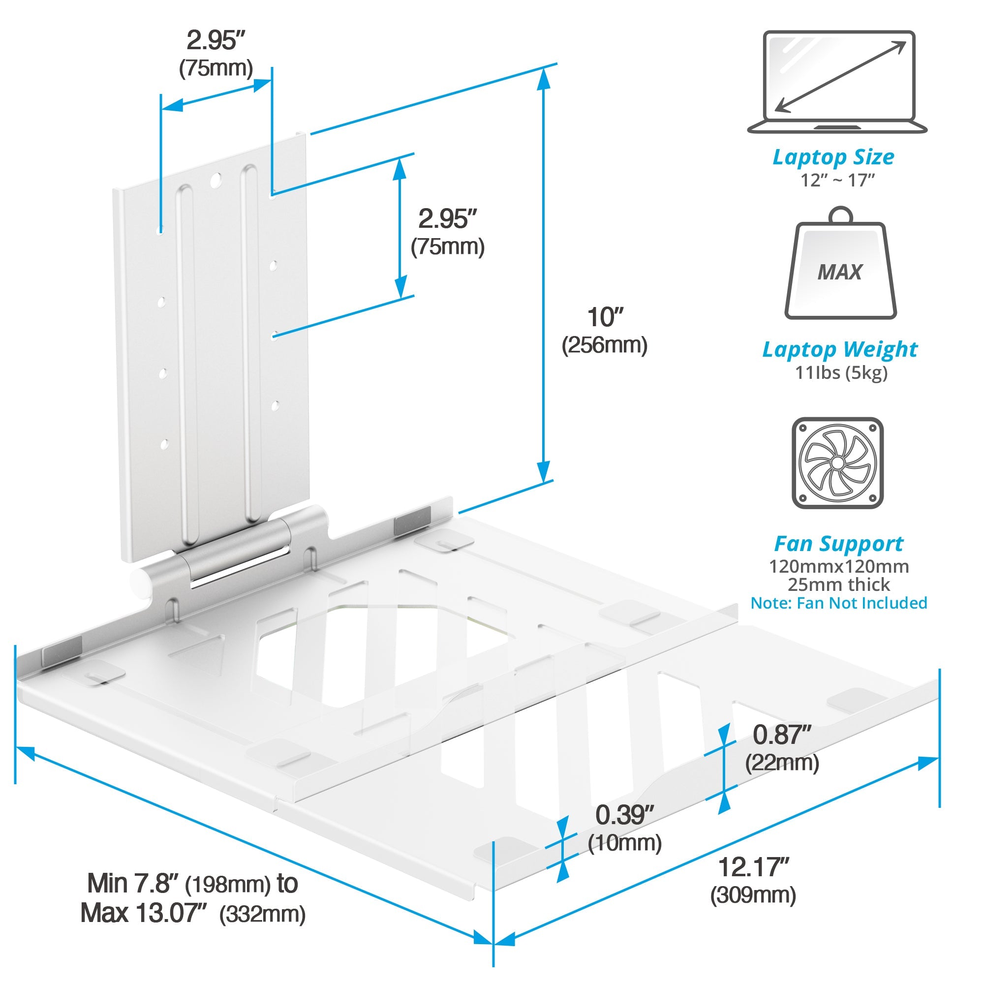 AVLT Adjustable Laptop Tray With Support For 120mm Fan Compatible With VESA 75x75 Monitor Arm - White