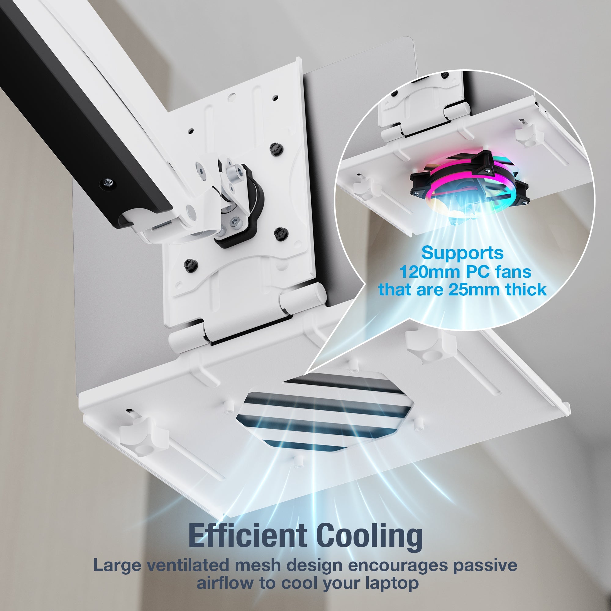 AVLT Adjustable Laptop Tray With Support For 120mm Fan Compatible With VESA 75x75 Monitor Arm - White