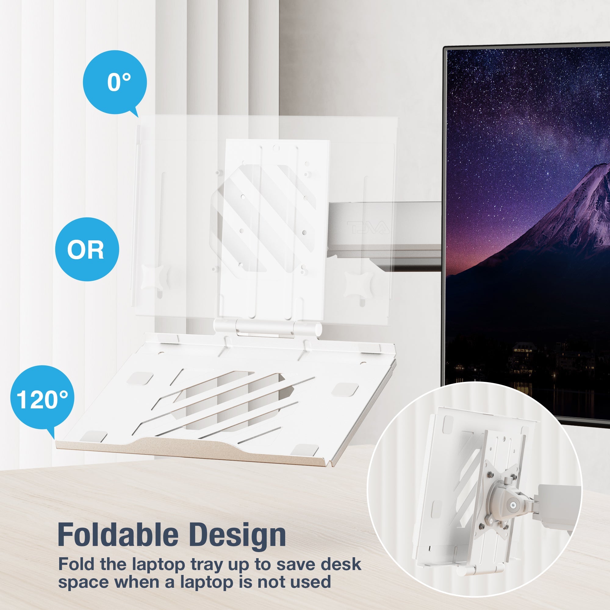 AVLT Adjustable Laptop Tray With Support For 120mm Fan Compatible With VESA 75x75 Monitor Arm - White