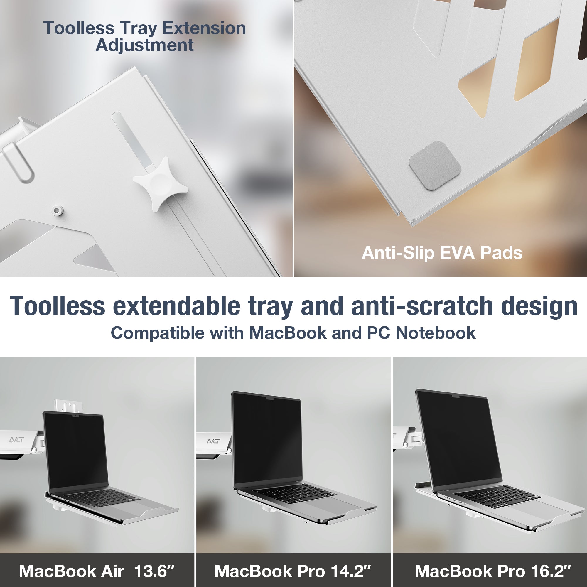 AVLT Adjustable Laptop Tray With Support For 120mm Fan Compatible With VESA 75x75 Monitor Arm - White
