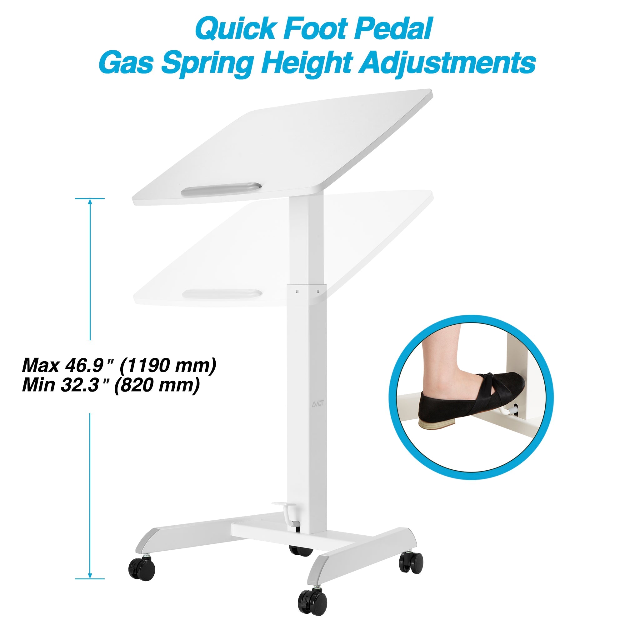 AVLT Height Adjustable Foot Pedal Mobile Workstation with Tilting Desk - White