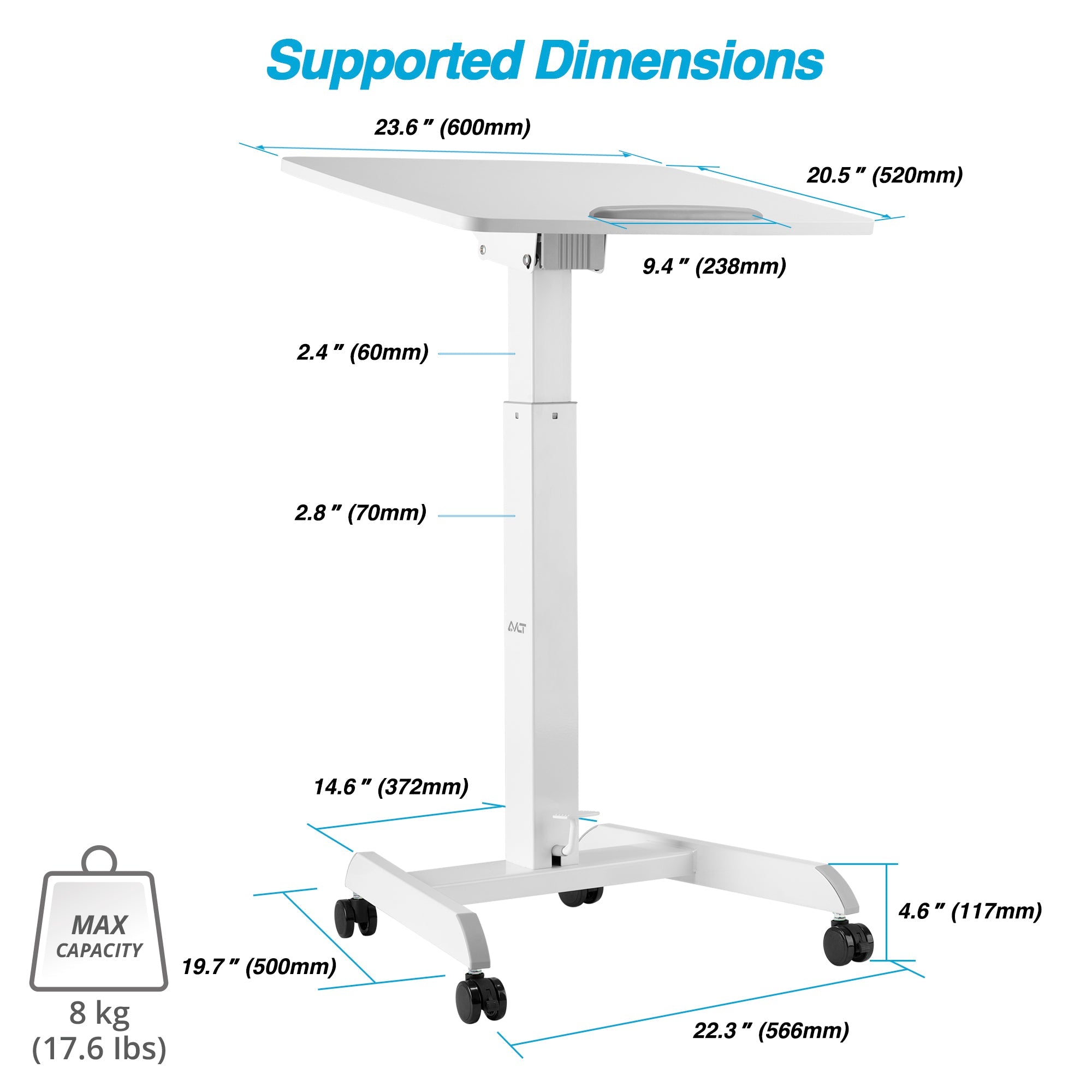 AVLT Height Adjustable Foot Pedal Mobile Workstation with Tilting Desk - White