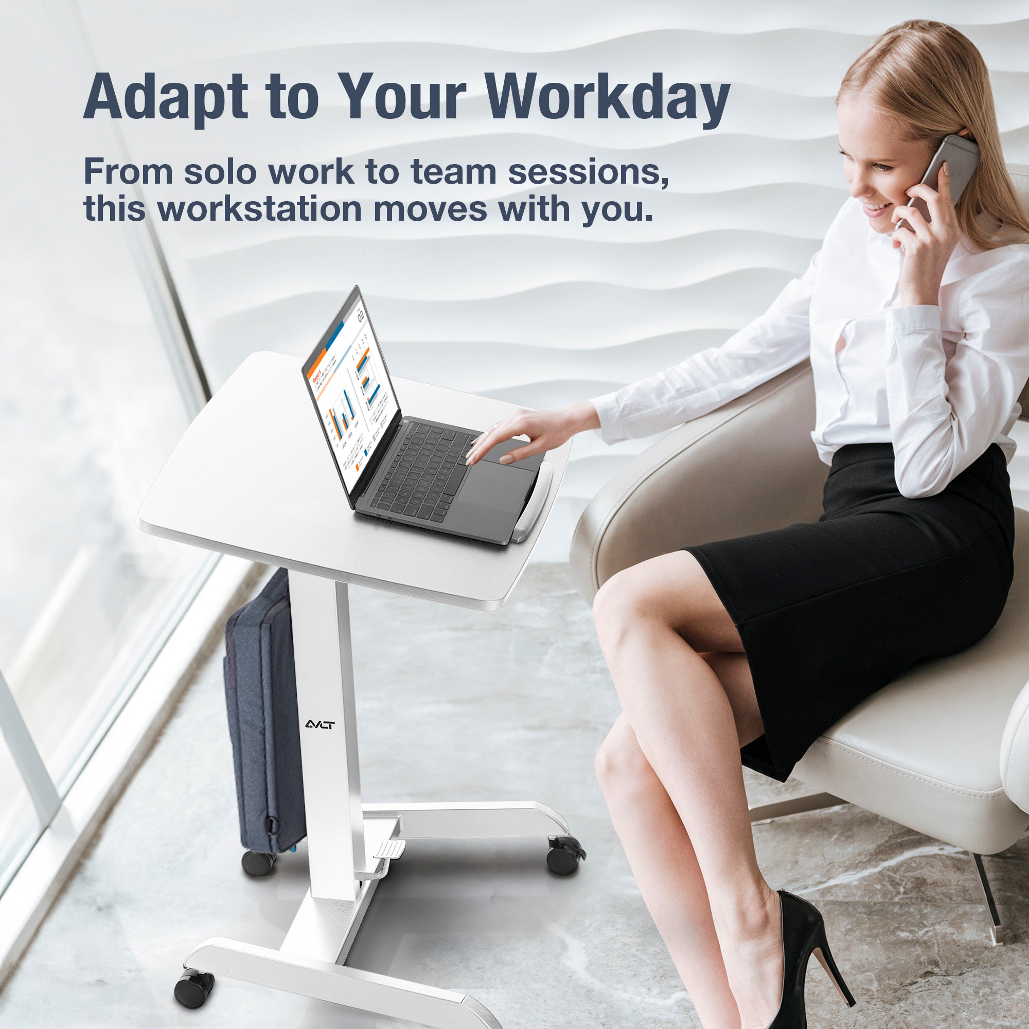 AVLT Height Adjustable Foot Pedal Mobile Workstation with Tilting Desk - White