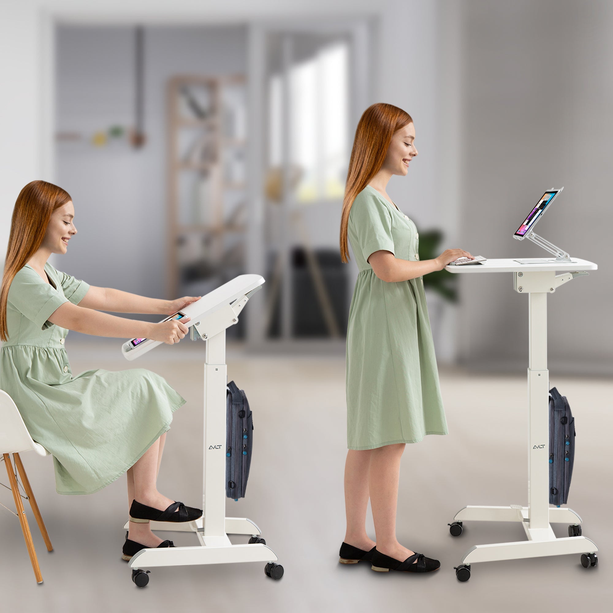 AVLT Height Adjustable Foot Pedal Mobile Workstation with Tilting Desk - White