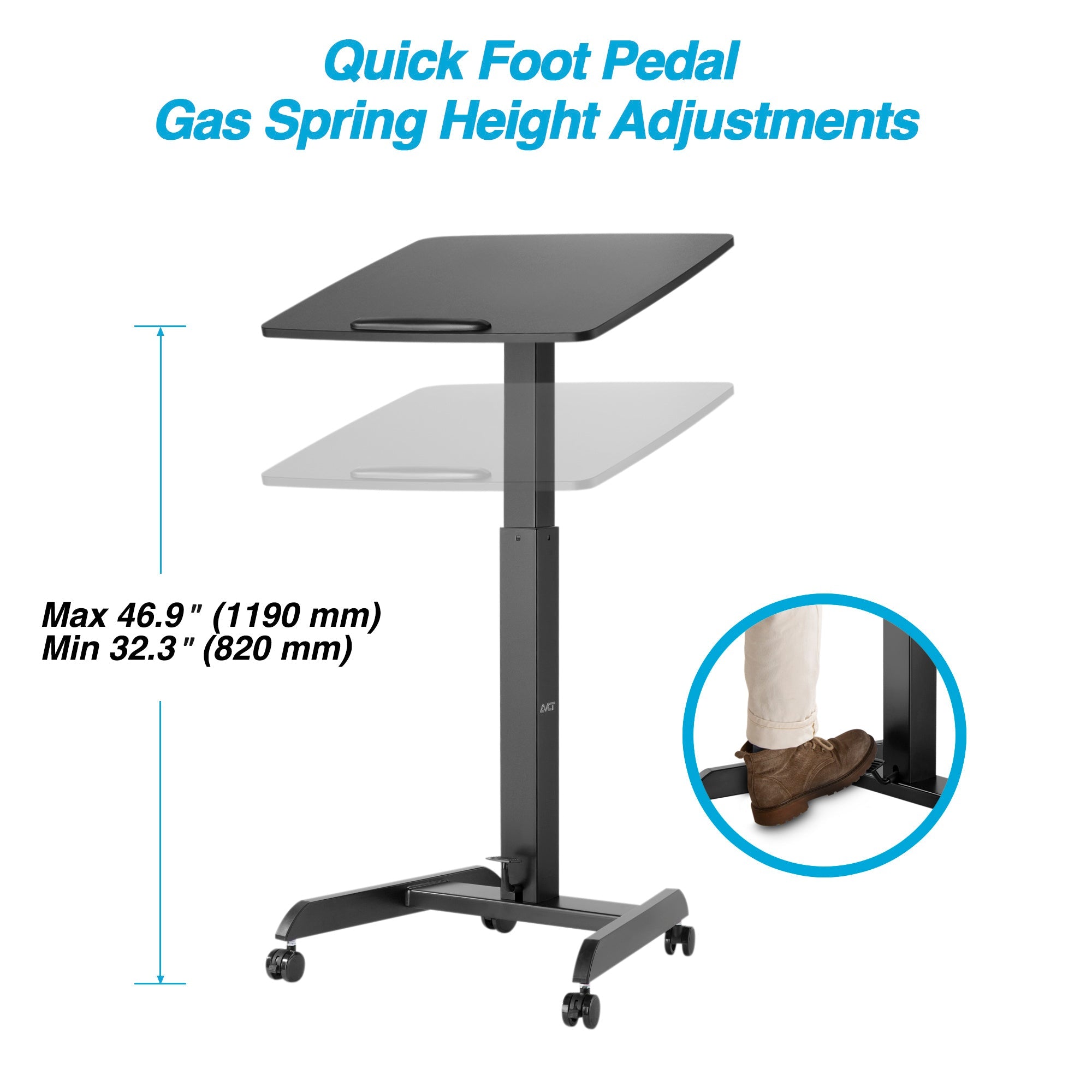 AVLT Height Adjustable Foot Pedal Mobile Workstation with Tilting Desk - Black