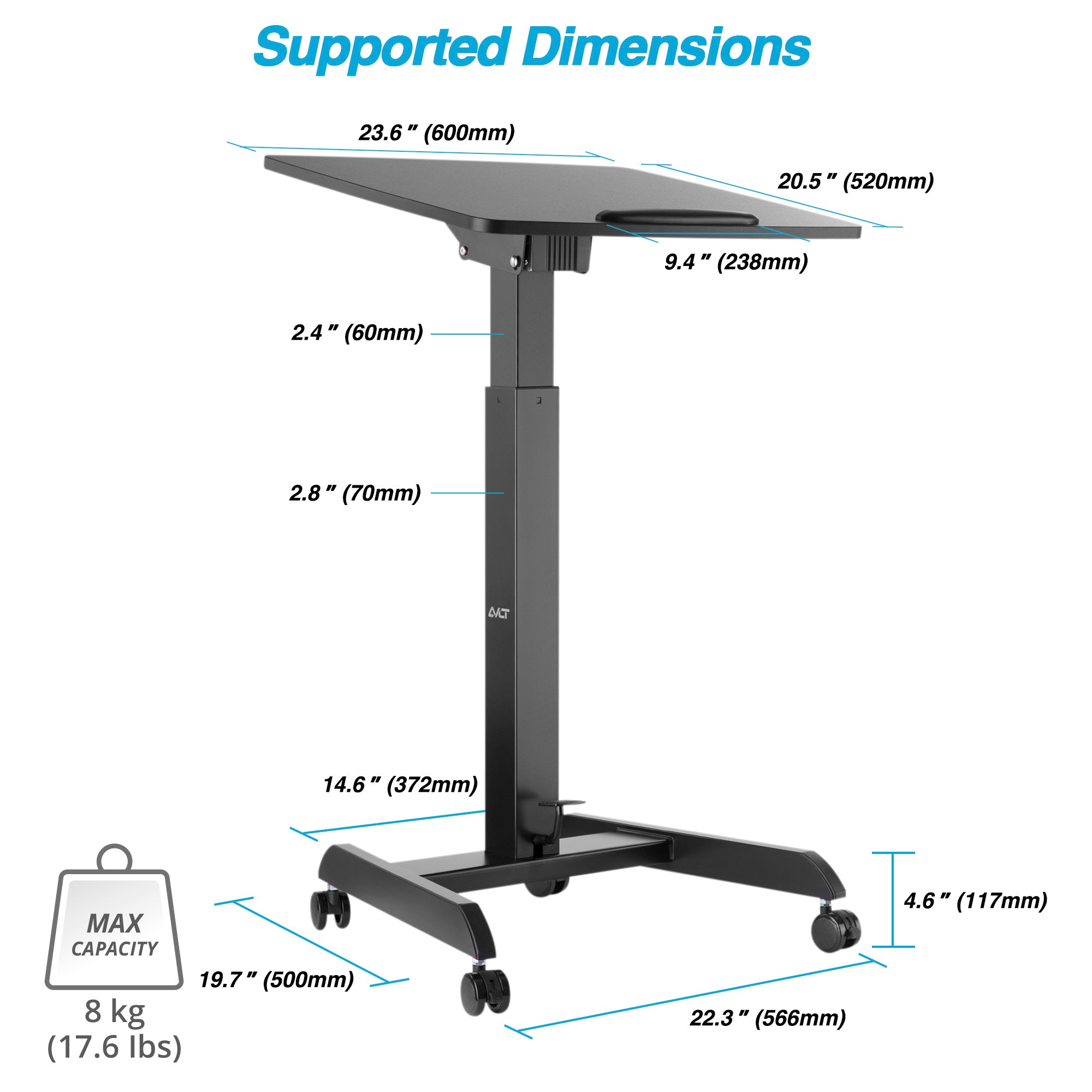AVLT Height Adjustable Foot Pedal Mobile Workstation with Tilting Desk - Black