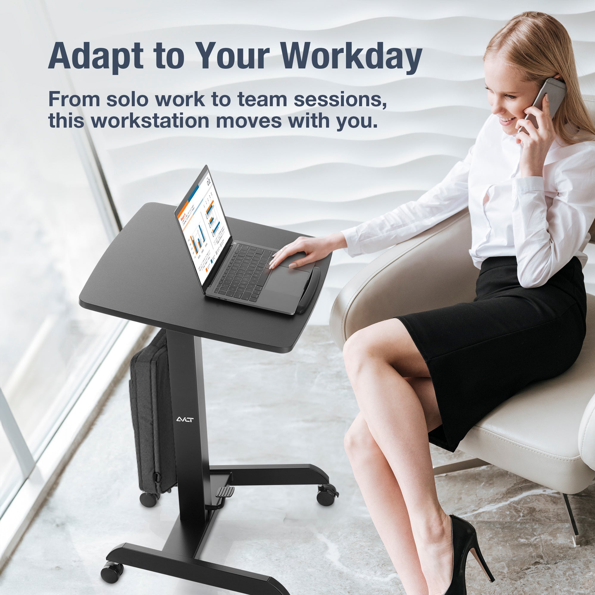 AVLT Height Adjustable Foot Pedal Mobile Workstation with Tilting Desk - Black