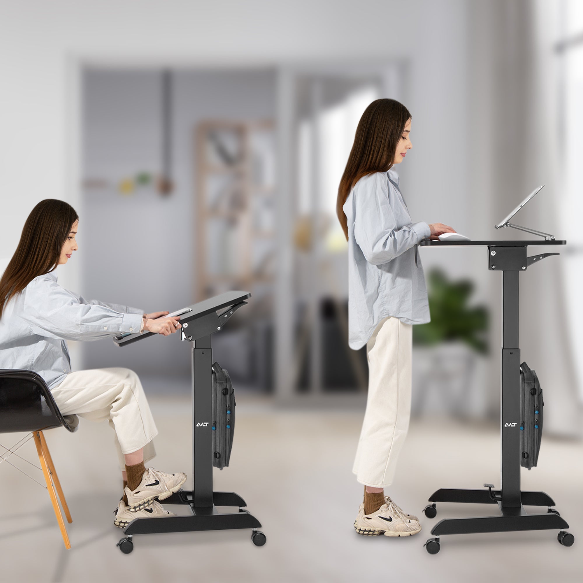 AVLT Height Adjustable Foot Pedal Mobile Workstation with Tilting Desk - Black