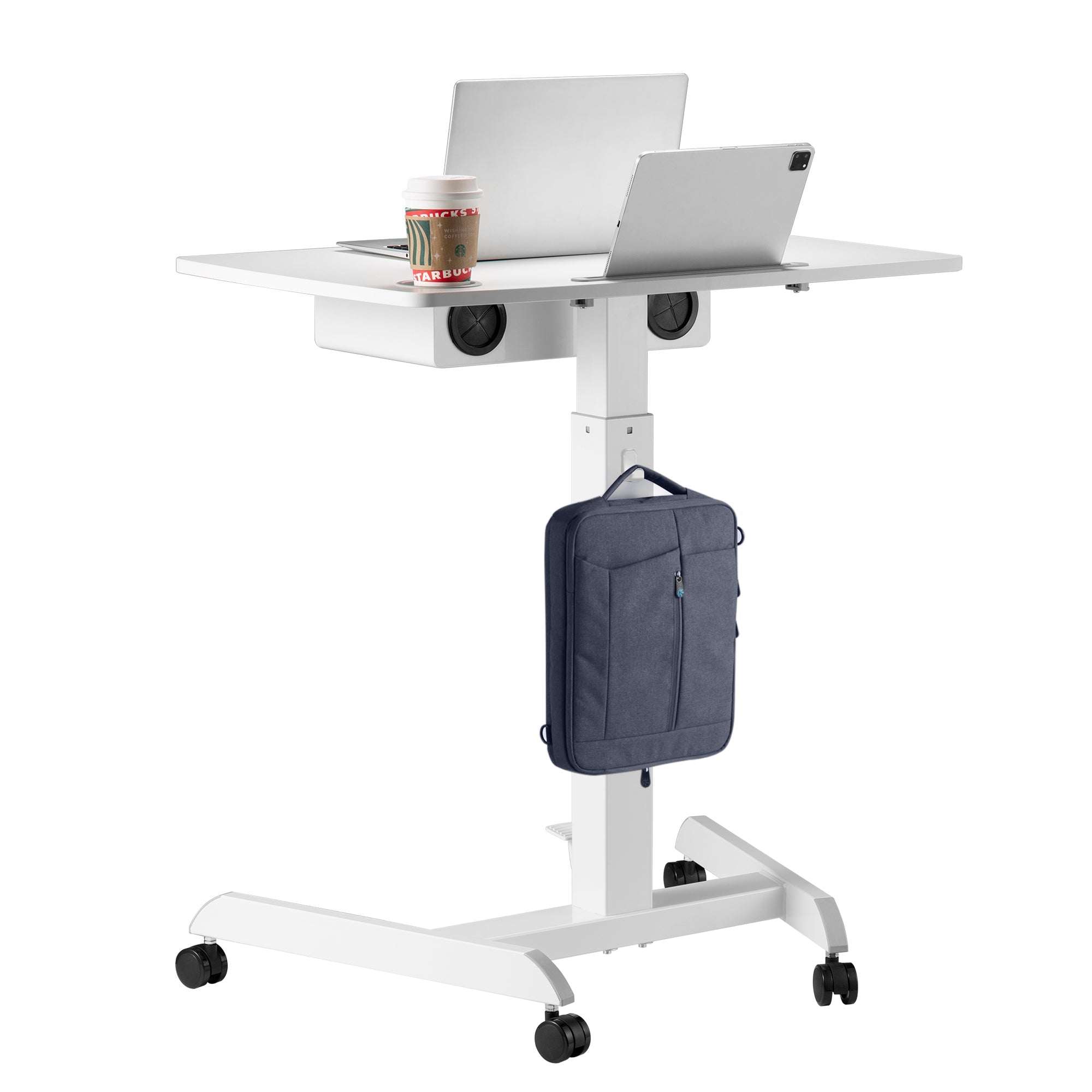 AVLT Height Adjustable Foot Pedal Mobile Workstation with Shelf - White