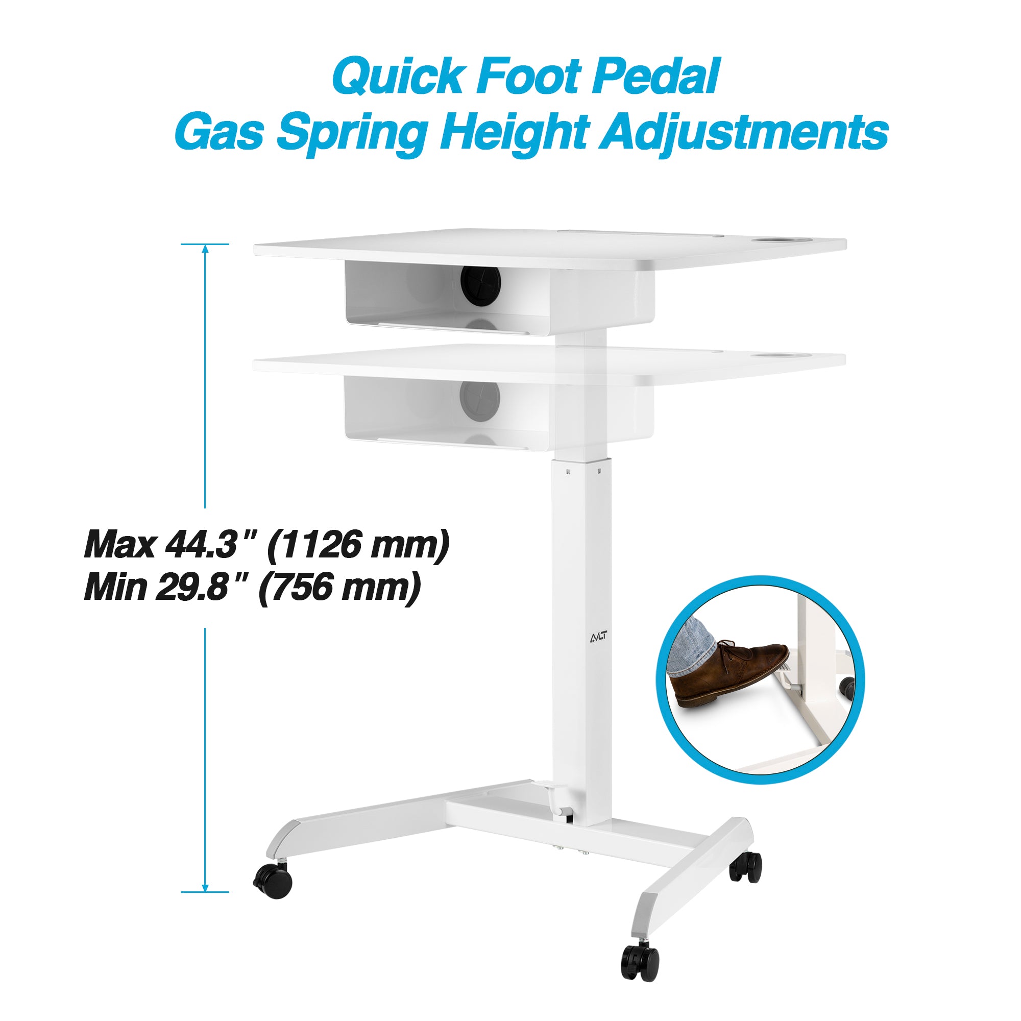 AVLT Height Adjustable Foot Pedal Mobile Workstation with Shelf - White