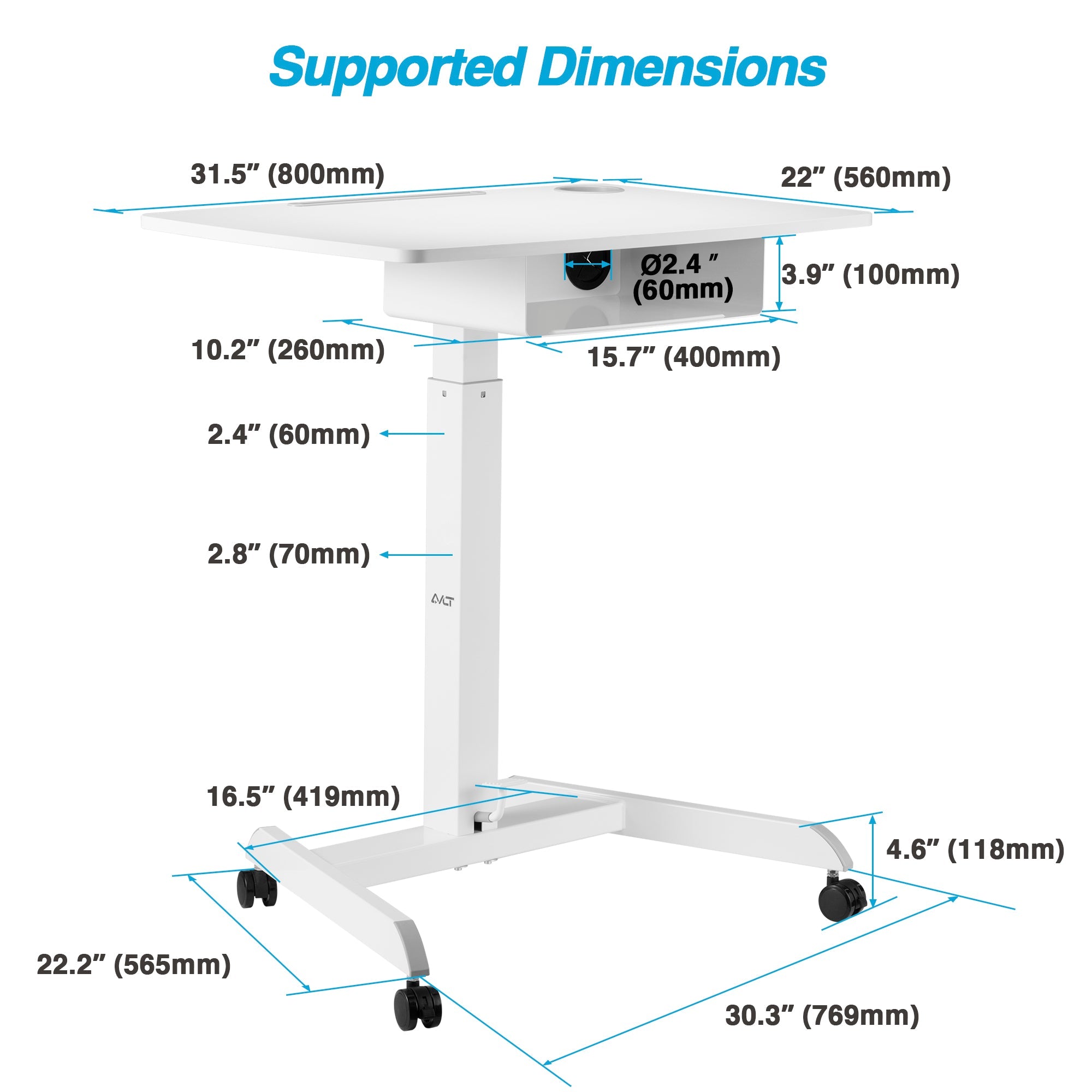 AVLT Height Adjustable Foot Pedal Mobile Workstation with Shelf - White