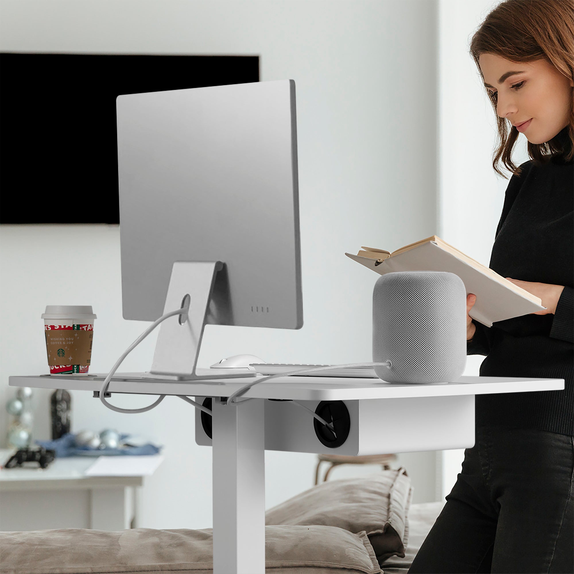 AVLT Height Adjustable Foot Pedal Mobile Workstation with Shelf - White