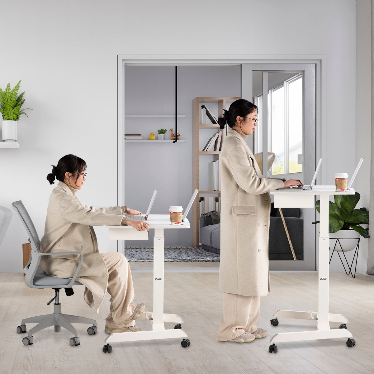 AVLT Height Adjustable Foot Pedal Mobile Workstation with Shelf - White