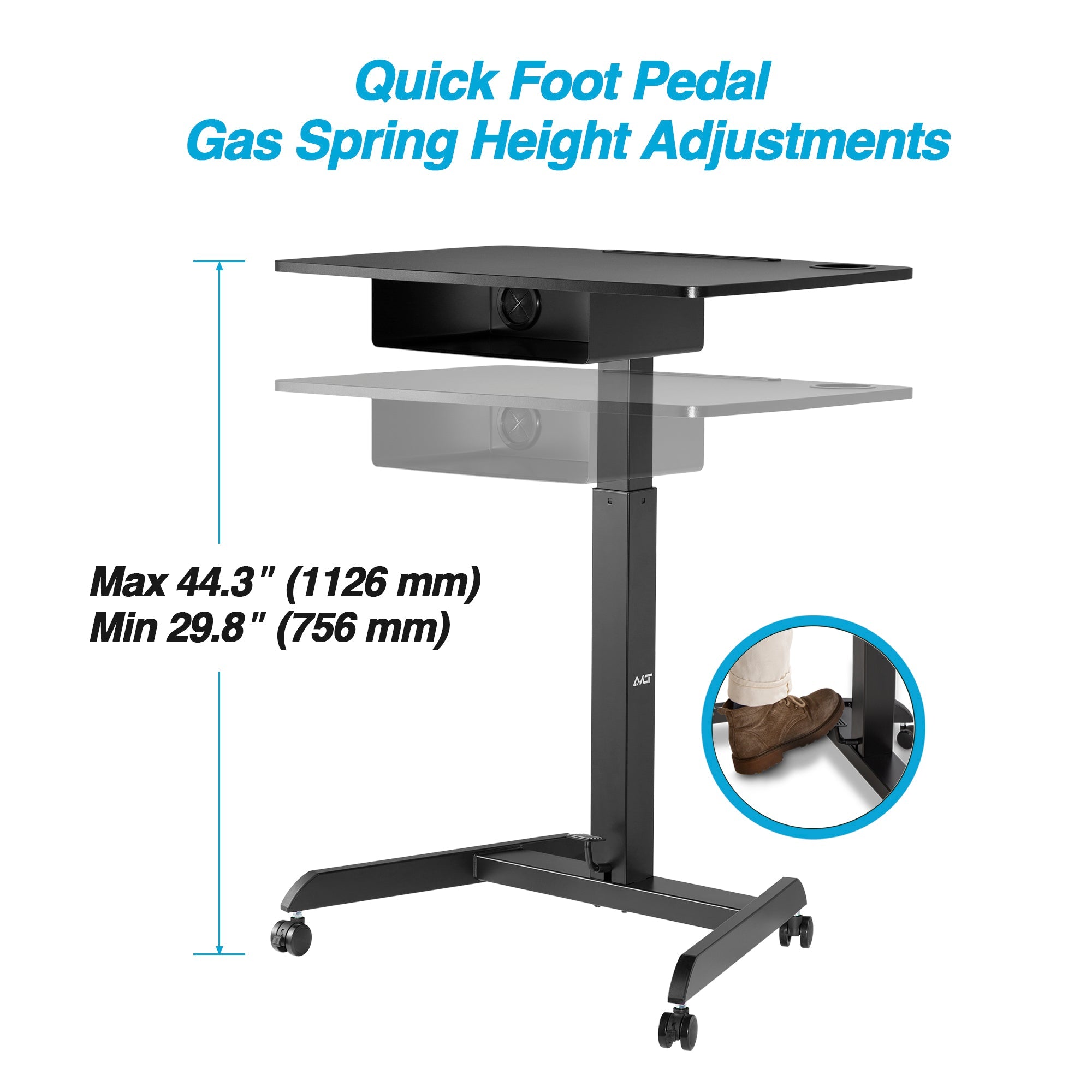 AVLT Height Adjustable Foot Pedal Mobile Workstation with Shelf - Black