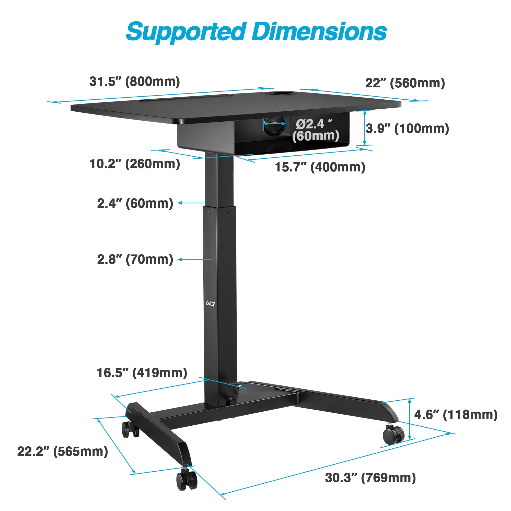 AVLT Height Adjustable Foot Pedal Mobile Workstation with Shelf - Black