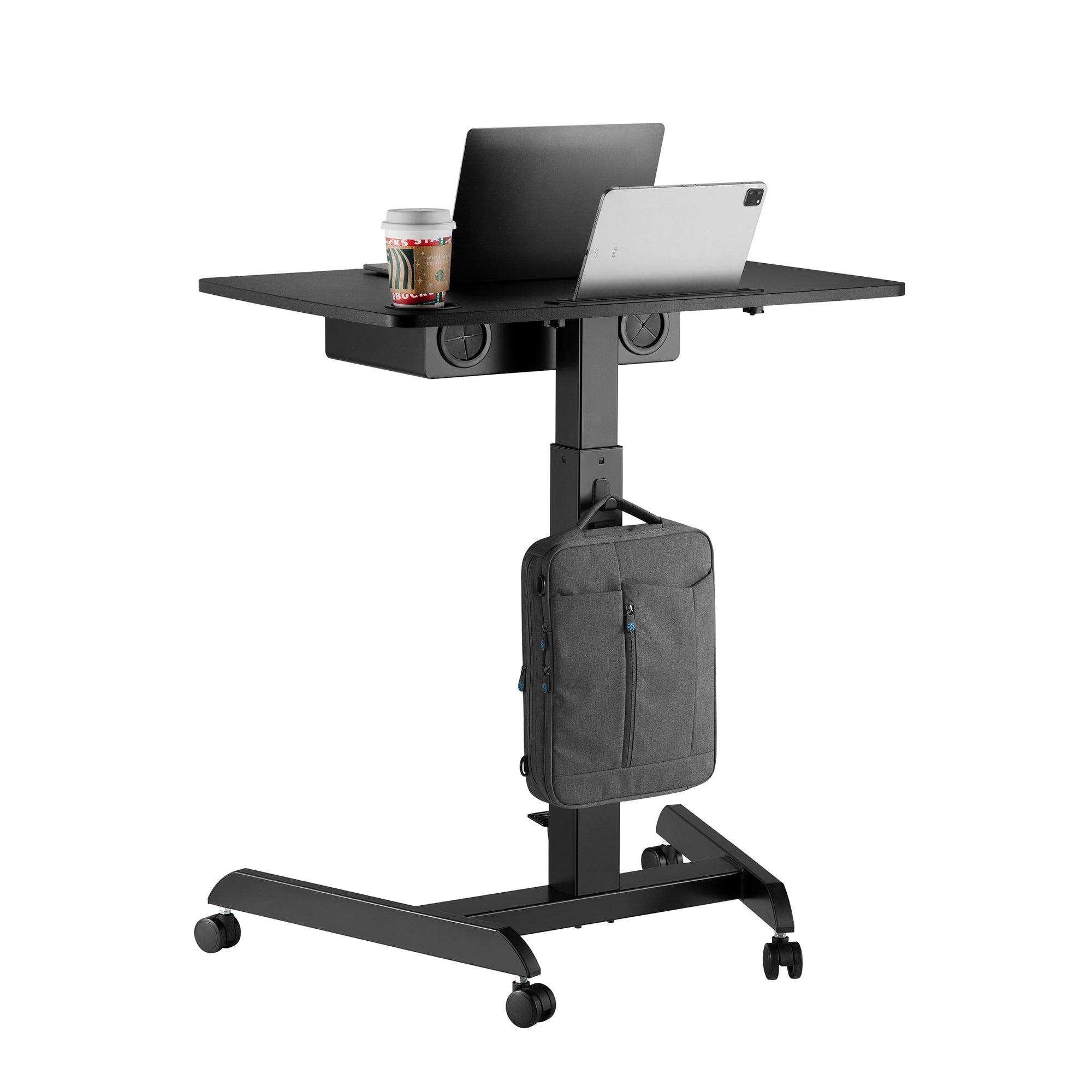 AVLT Height Adjustable Foot Pedal Mobile Workstation with Shelf - Black