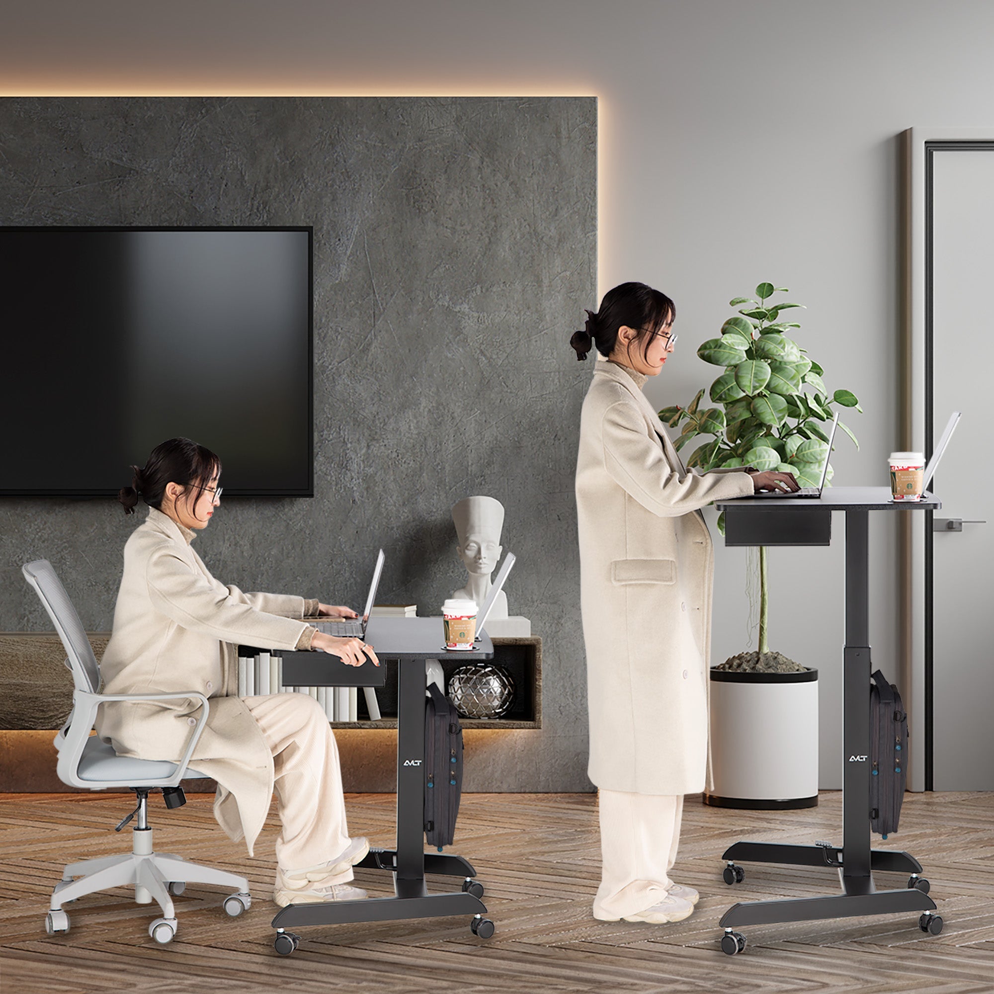 AVLT Height Adjustable Foot Pedal Mobile Workstation with Shelf - Black