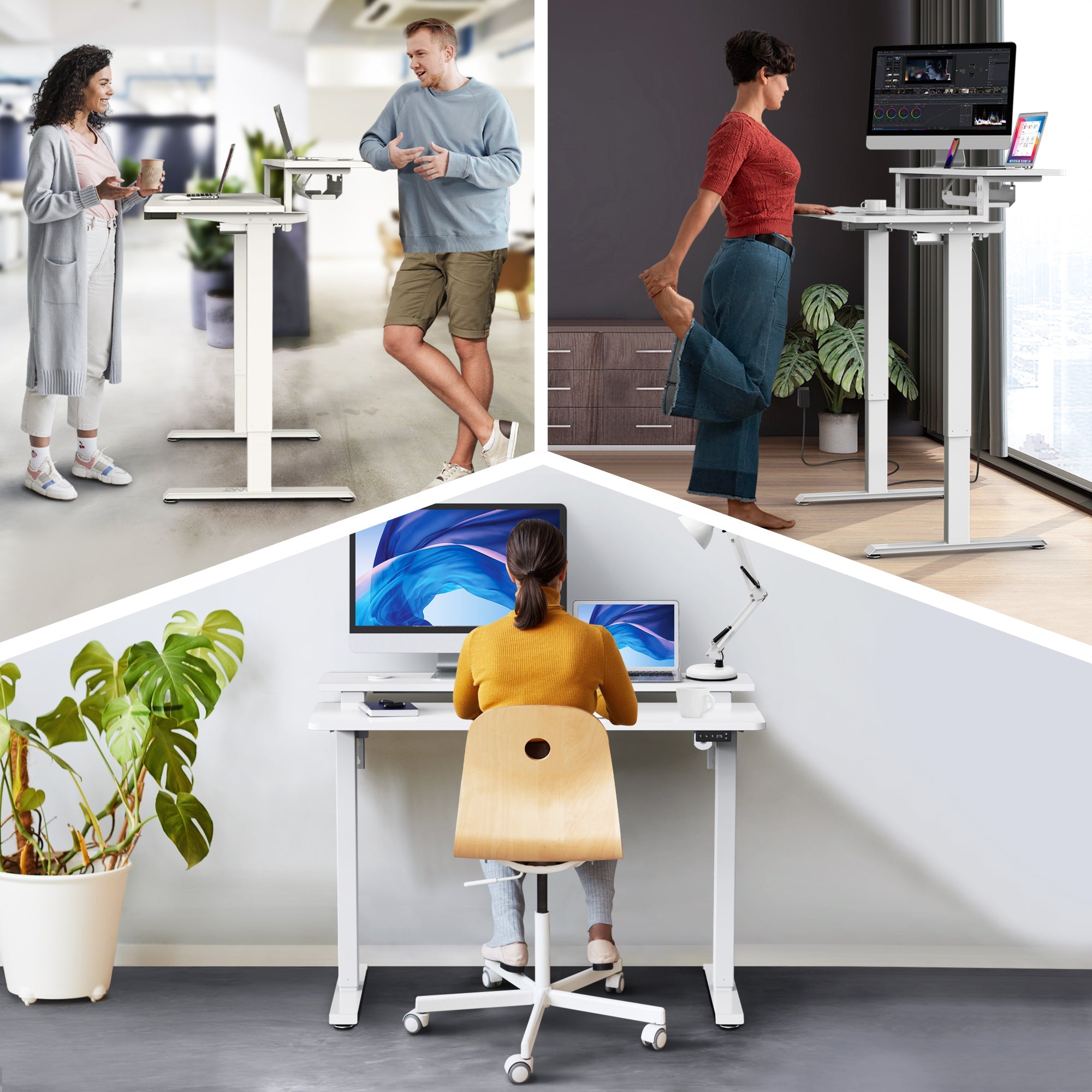 AVLT Electric Standing Desk With Adjustable Dual Tier Split Top Shelf - White
