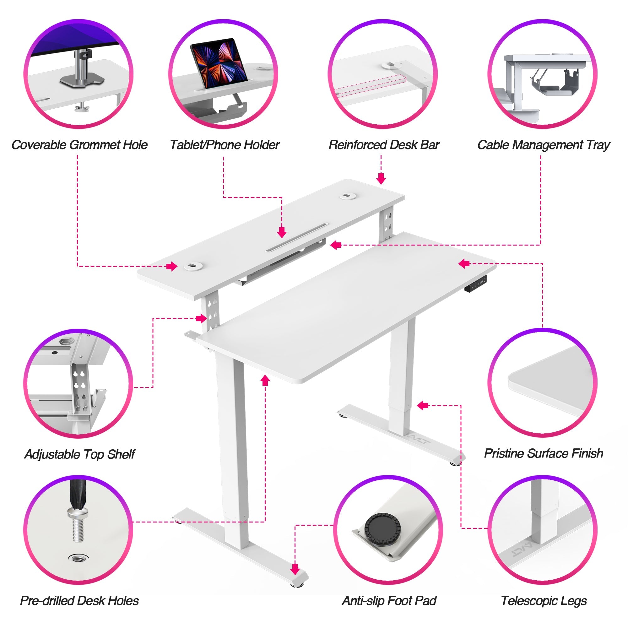 AVLT Electric Standing Desk With Adjustable Dual Tier Split Top Shelf - White