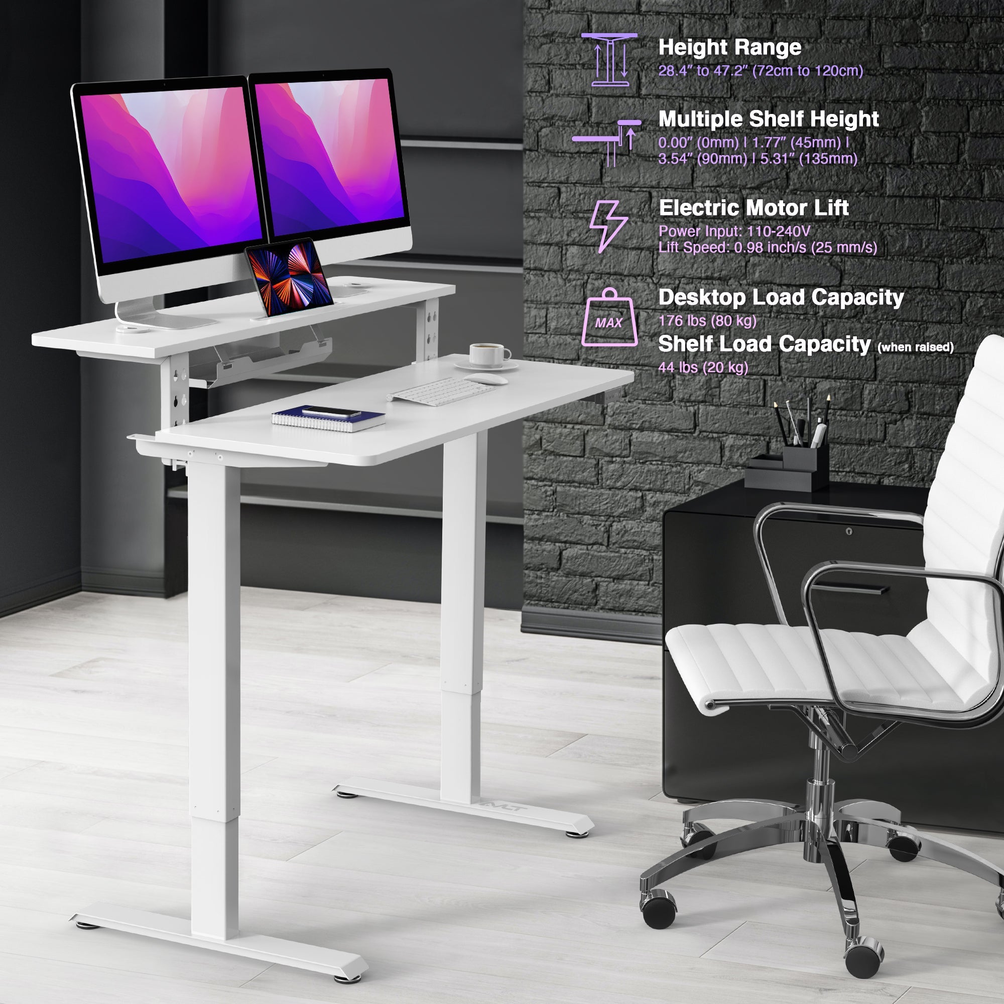 AVLT Electric Standing Desk With Adjustable Dual Tier Split Top Shelf - White