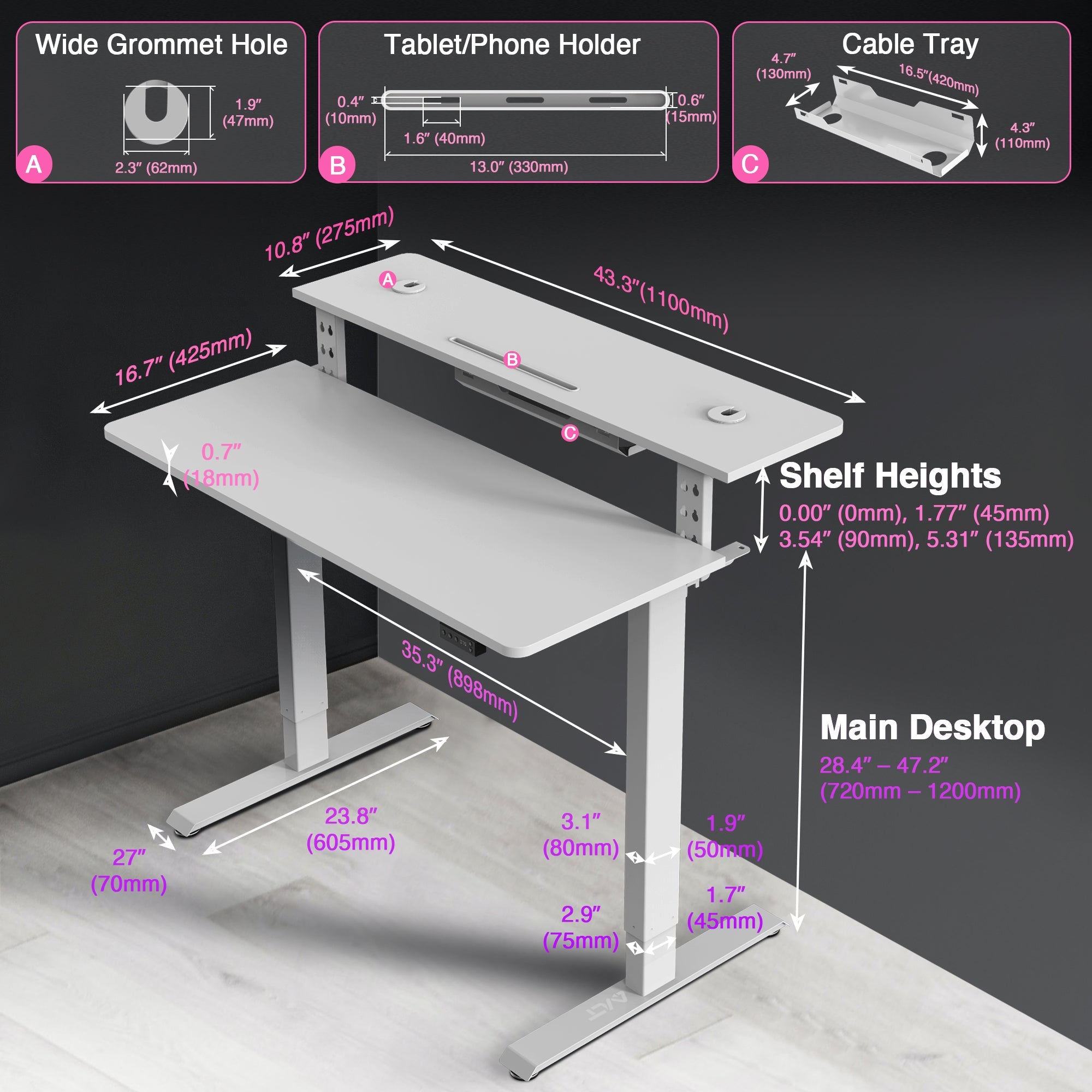 AVLT Electric Standing Desk With Adjustable Dual Tier Split Top Shelf - White