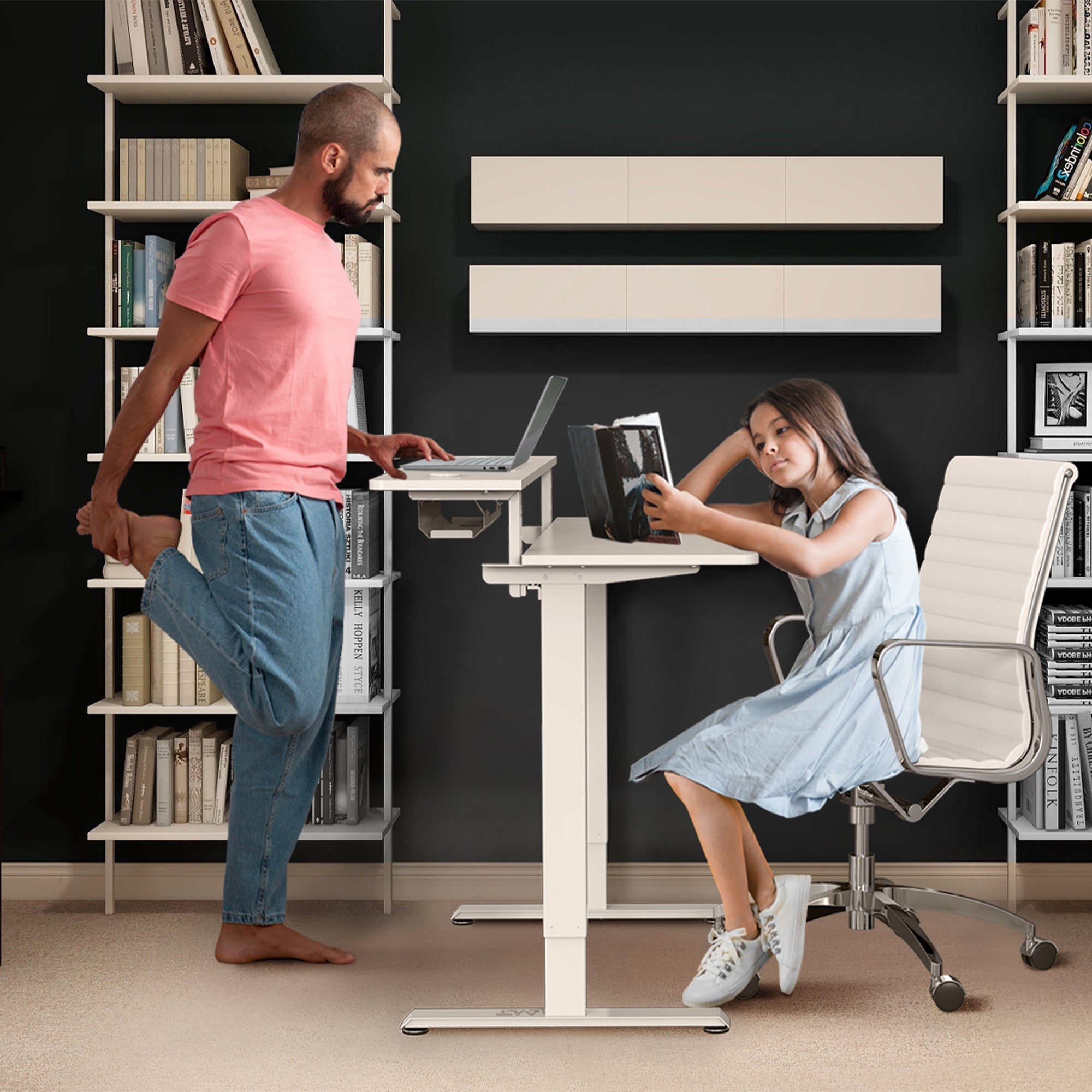 AVLT Electric Standing Desk With Adjustable Dual Tier Split Top Shelf - White