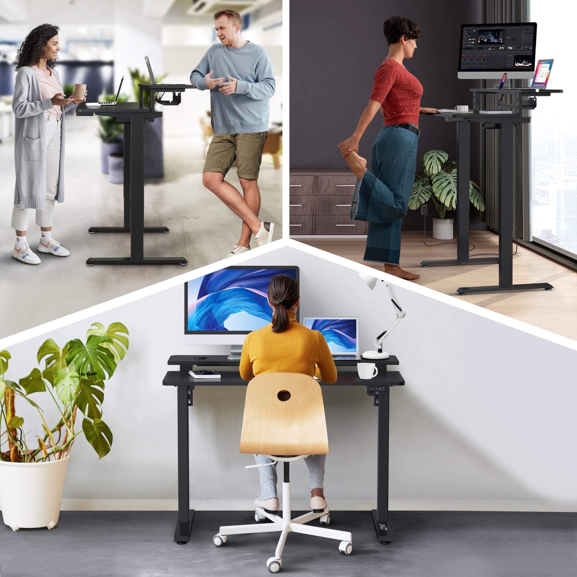 AVLT Electric Standing Desk With Adjustable Dual Tier Split Top Shelf - Black