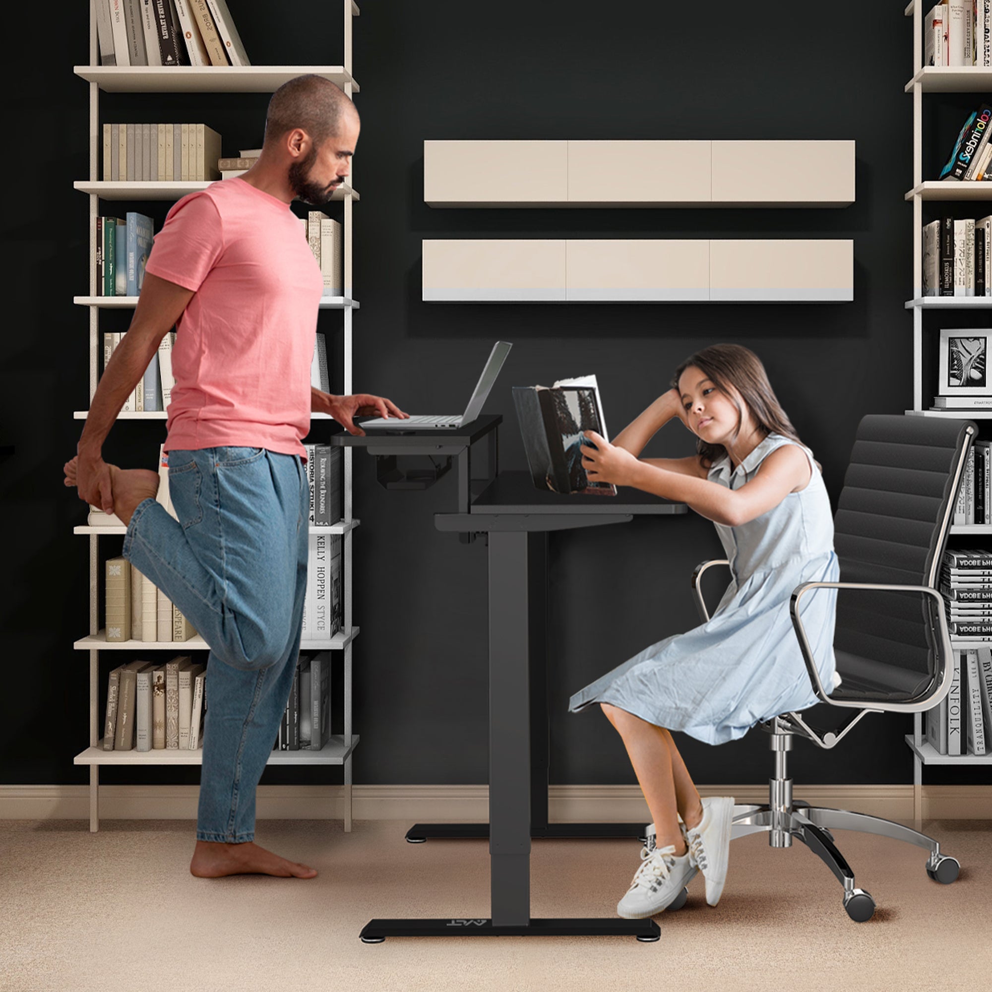 AVLT Electric Standing Desk With Adjustable Dual Tier Split Top Shelf - Black