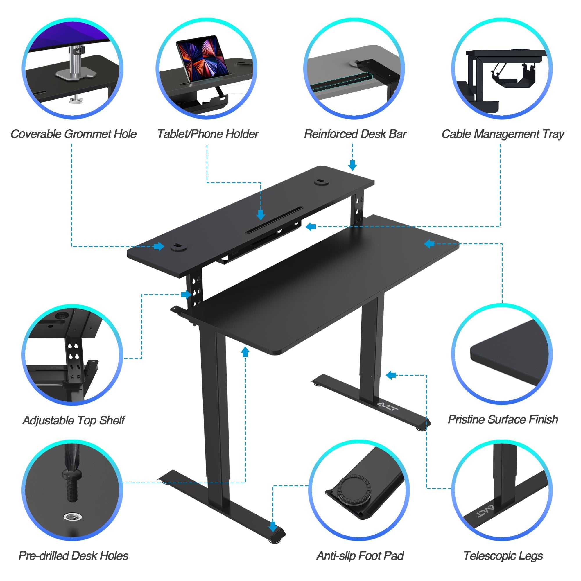 AVLT Electric Standing Desk With Adjustable Dual Tier Split Top Shelf - Black