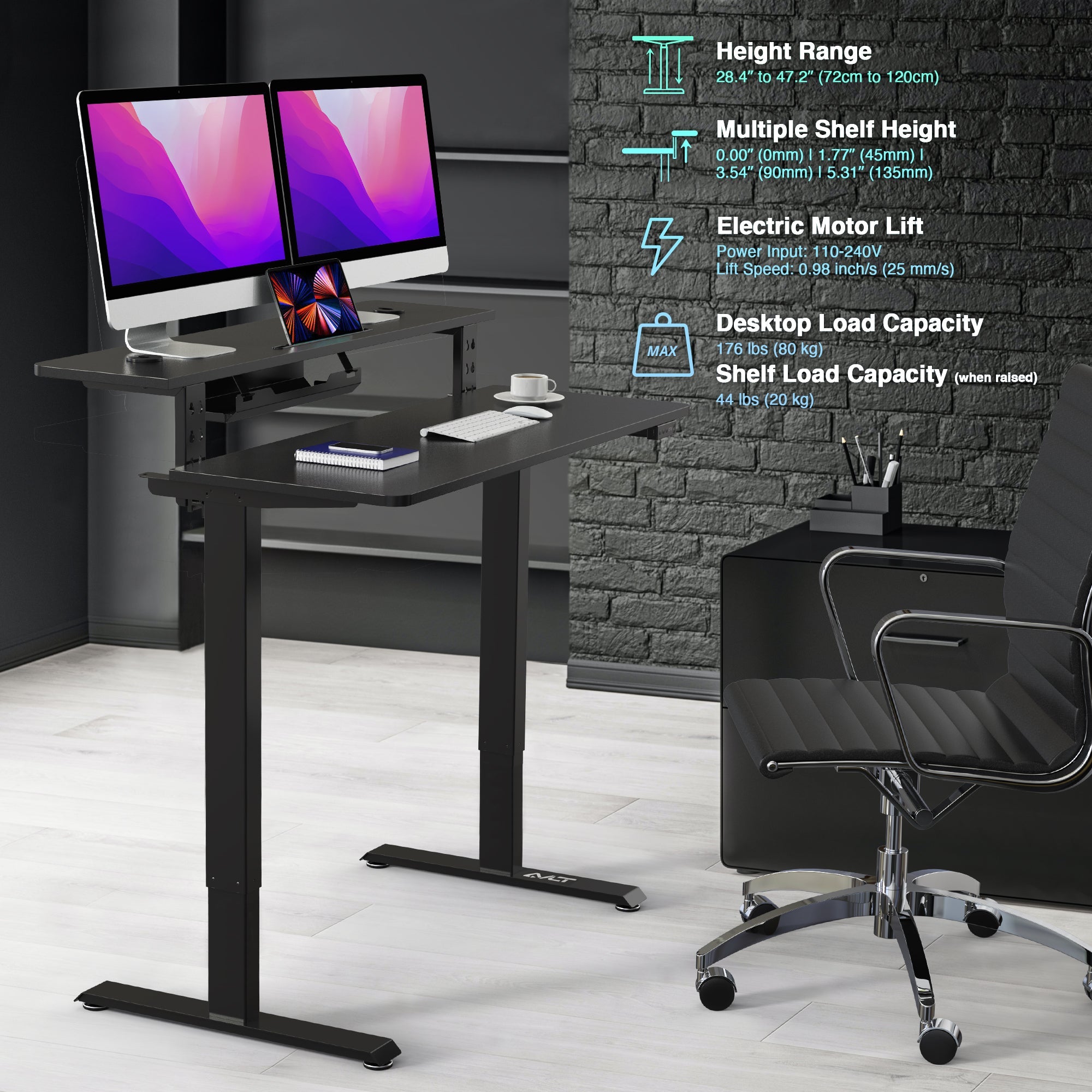 AVLT Electric Standing Desk With Adjustable Dual Tier Split Top Shelf - Black