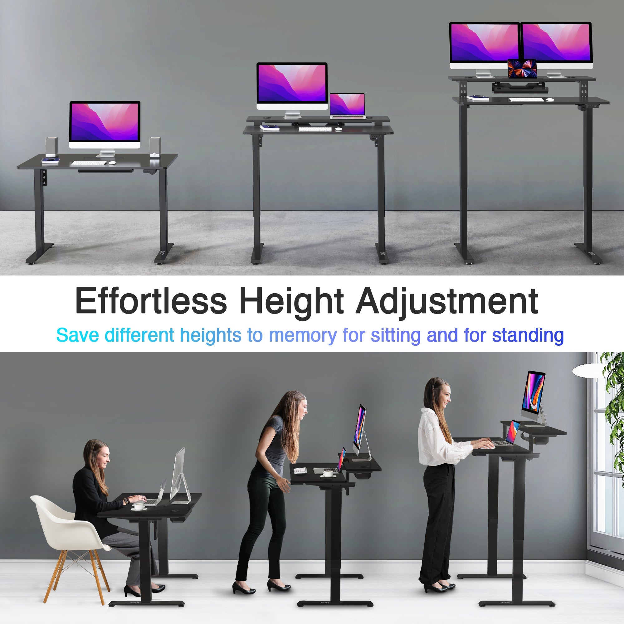 AVLT Electric Standing Desk With Adjustable Dual Tier Split Top Shelf - Black