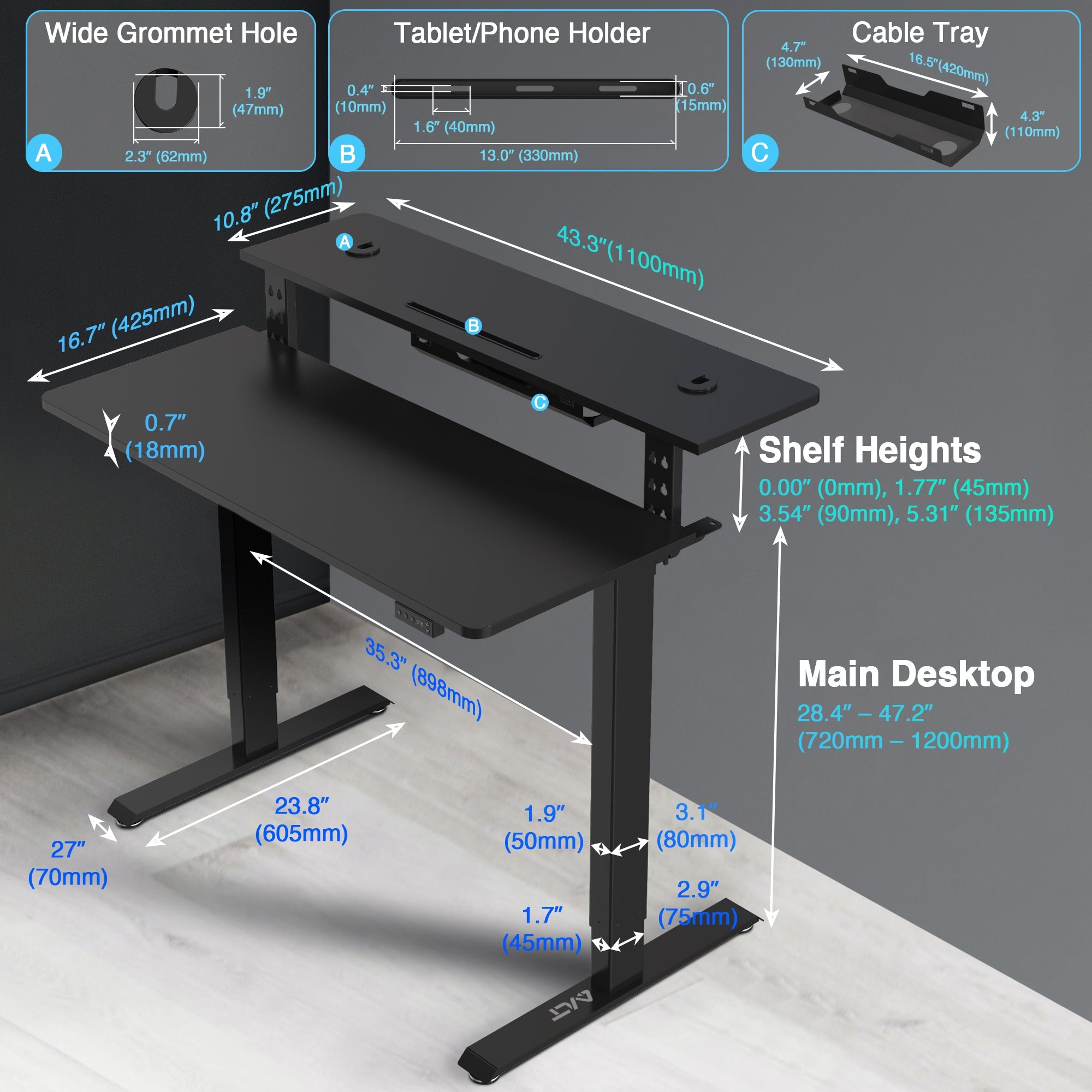 AVLT Electric Standing Desk With Adjustable Dual Tier Split Top Shelf - Black