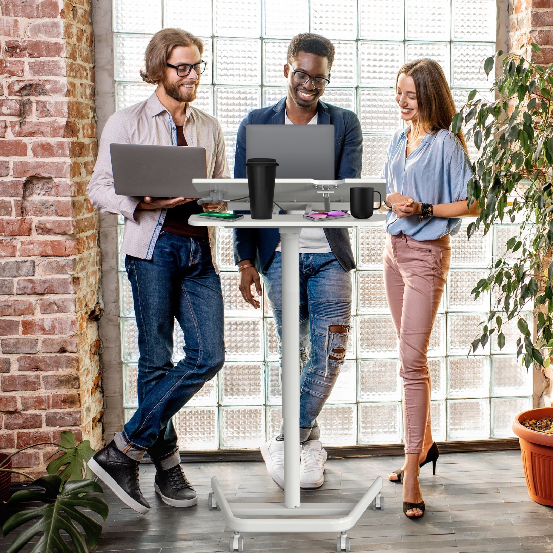 AVLT Mobile Standing Desk With Split Top Tilting Tray - White