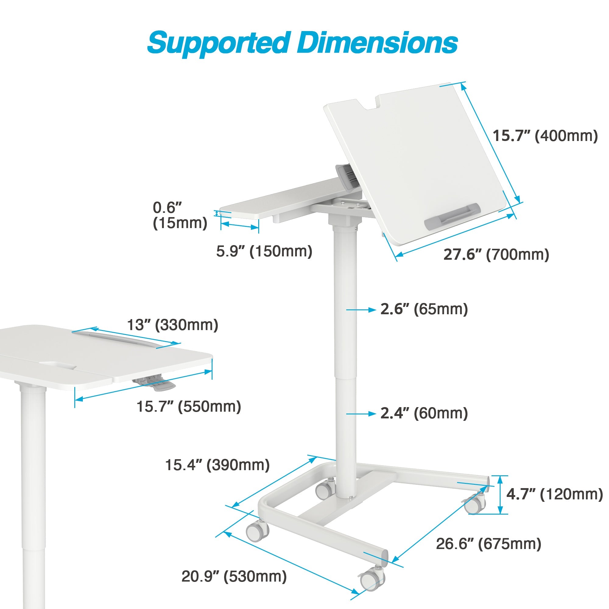 AVLT Mobile Standing Desk With Split Top Tilting Tray - White