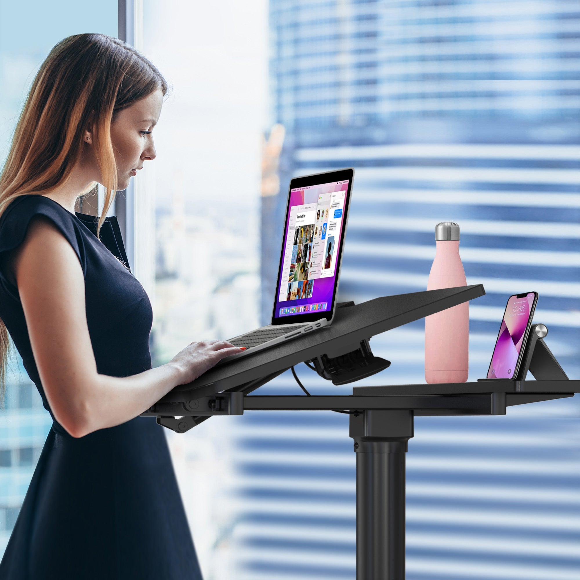 AVLT Mobile Standing Desk With Split Top Tilting Tray - Black