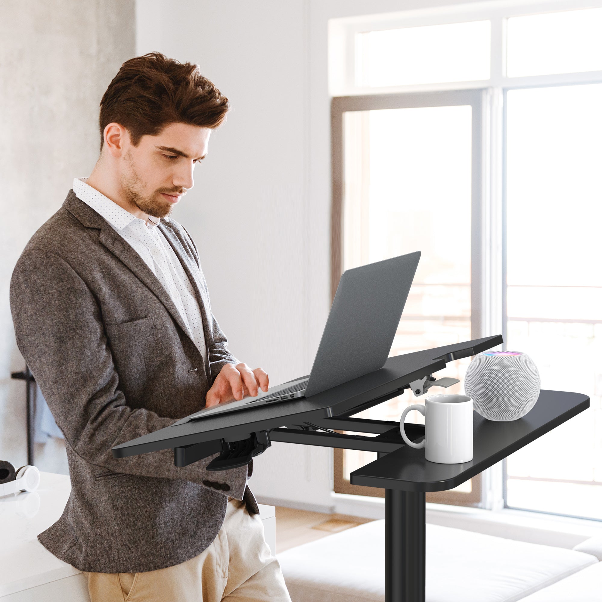 AVLT Mobile Standing Desk With Split Top Tilting Tray - Black
