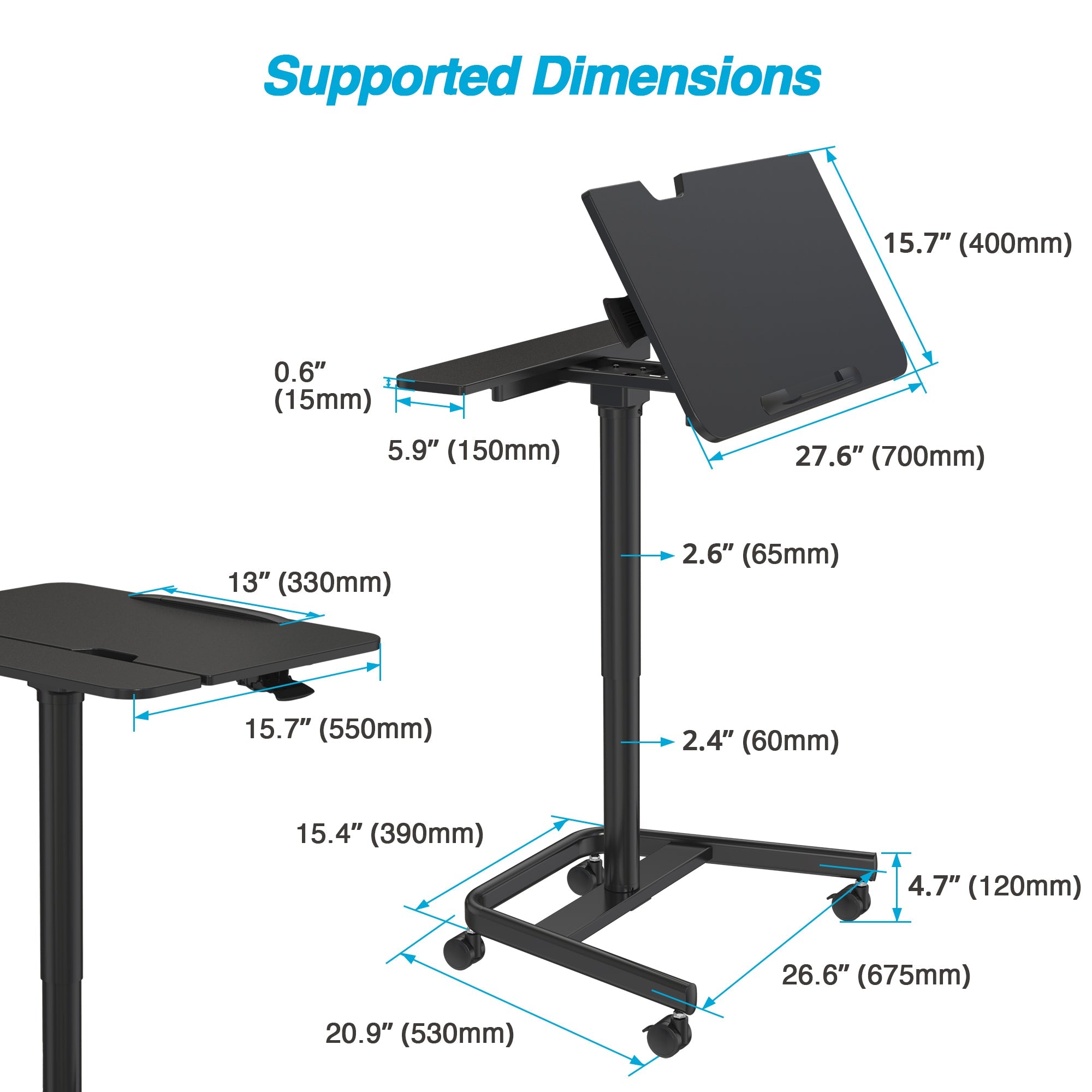 AVLT Mobile Standing Desk With Split Top Tilting Tray - Black