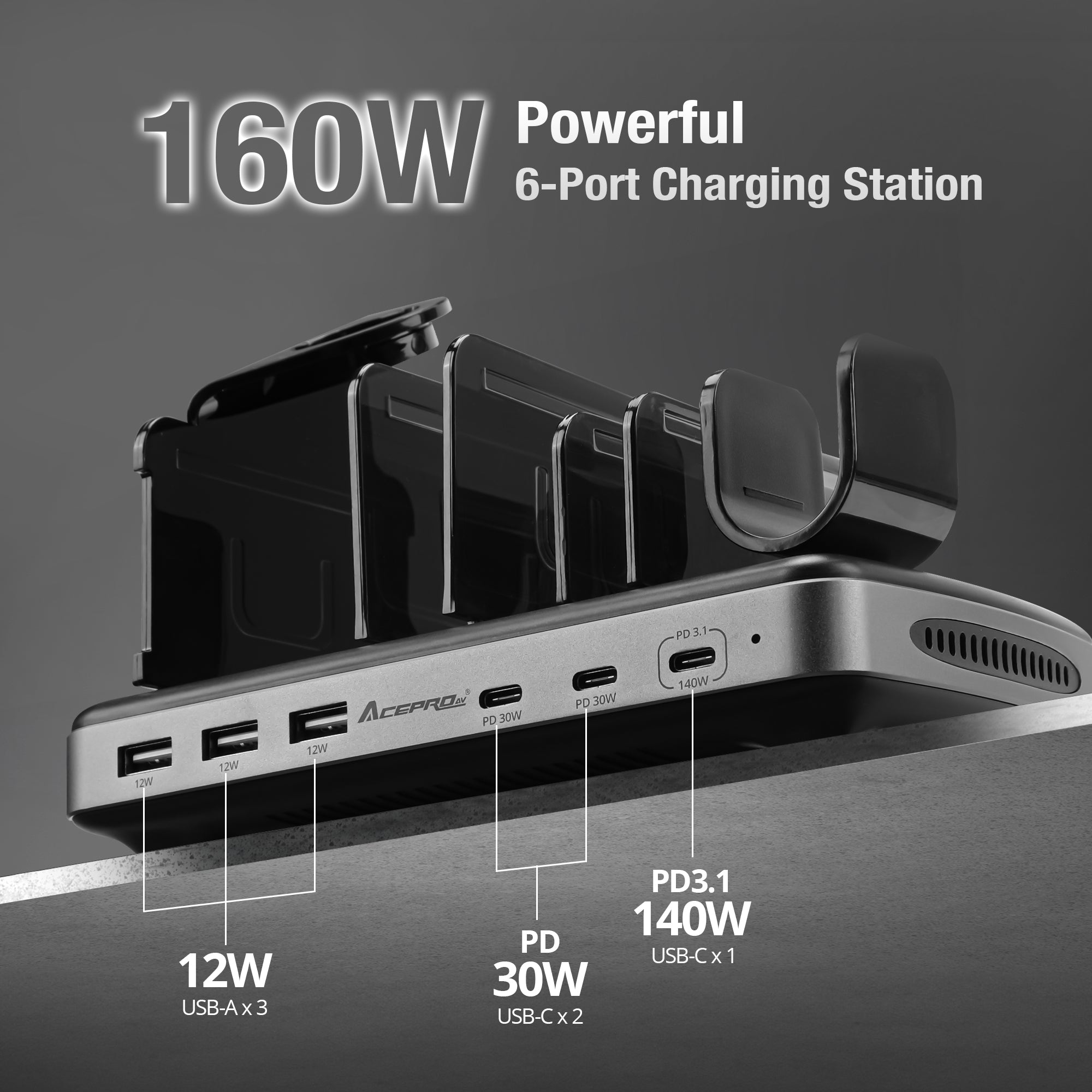 AceProAV 160W 6-Port USB-A/C Charging Station with PD3.1 - Black