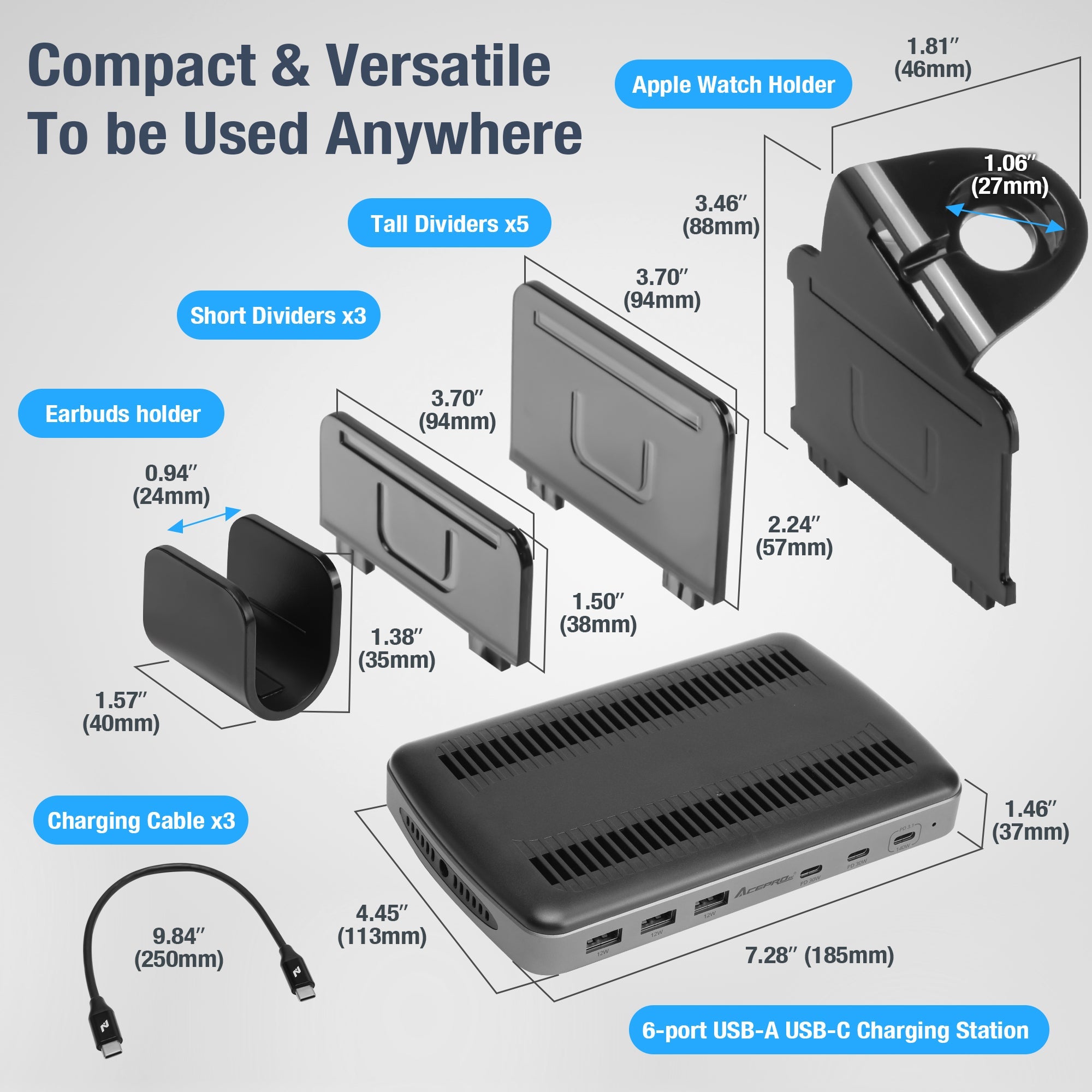 AceProAV 160W 6-Port USB-A/C Charging Station with PD3.1 - Black