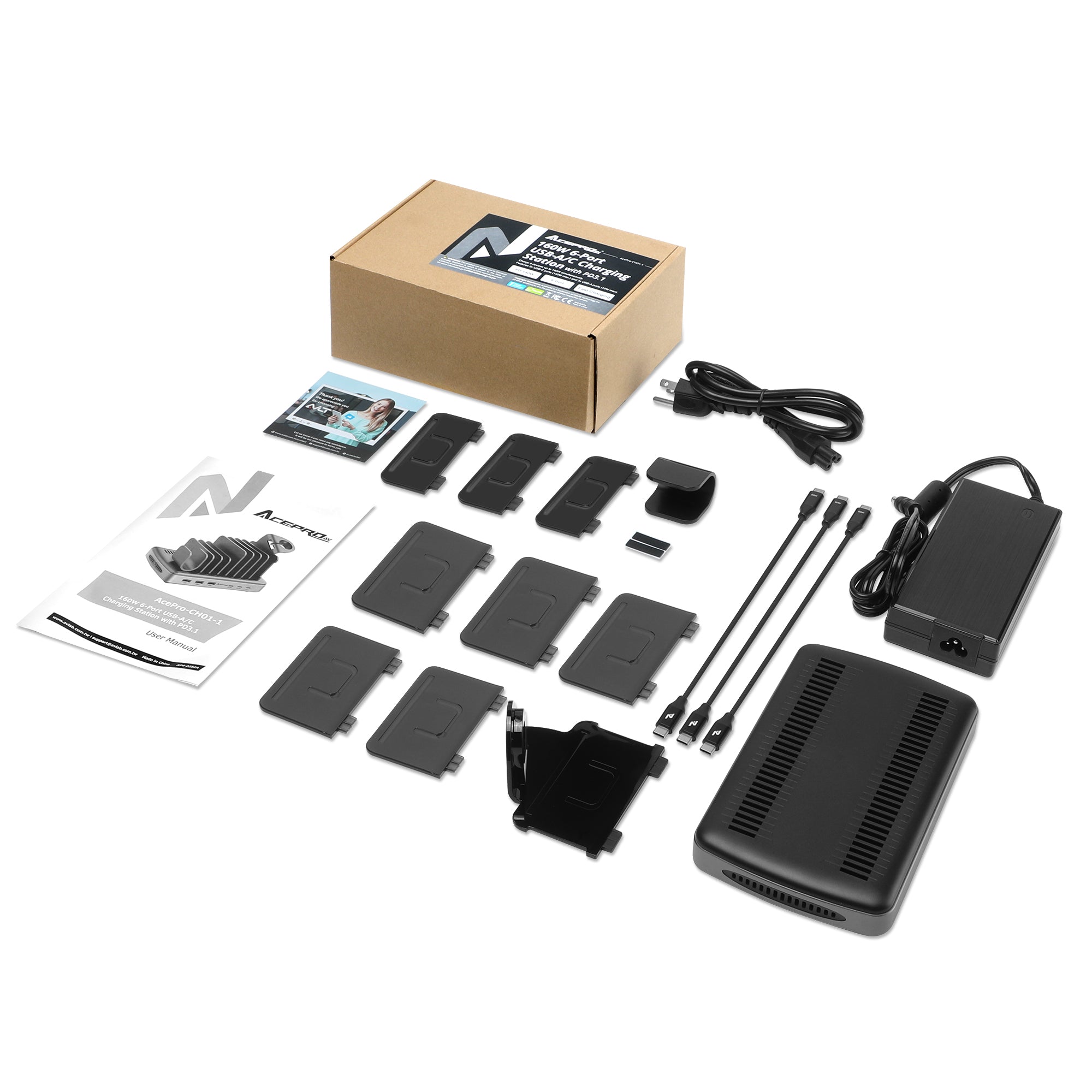 AceProAV 160W 6-Port USB-A/C Charging Station with PD3.1 - Black