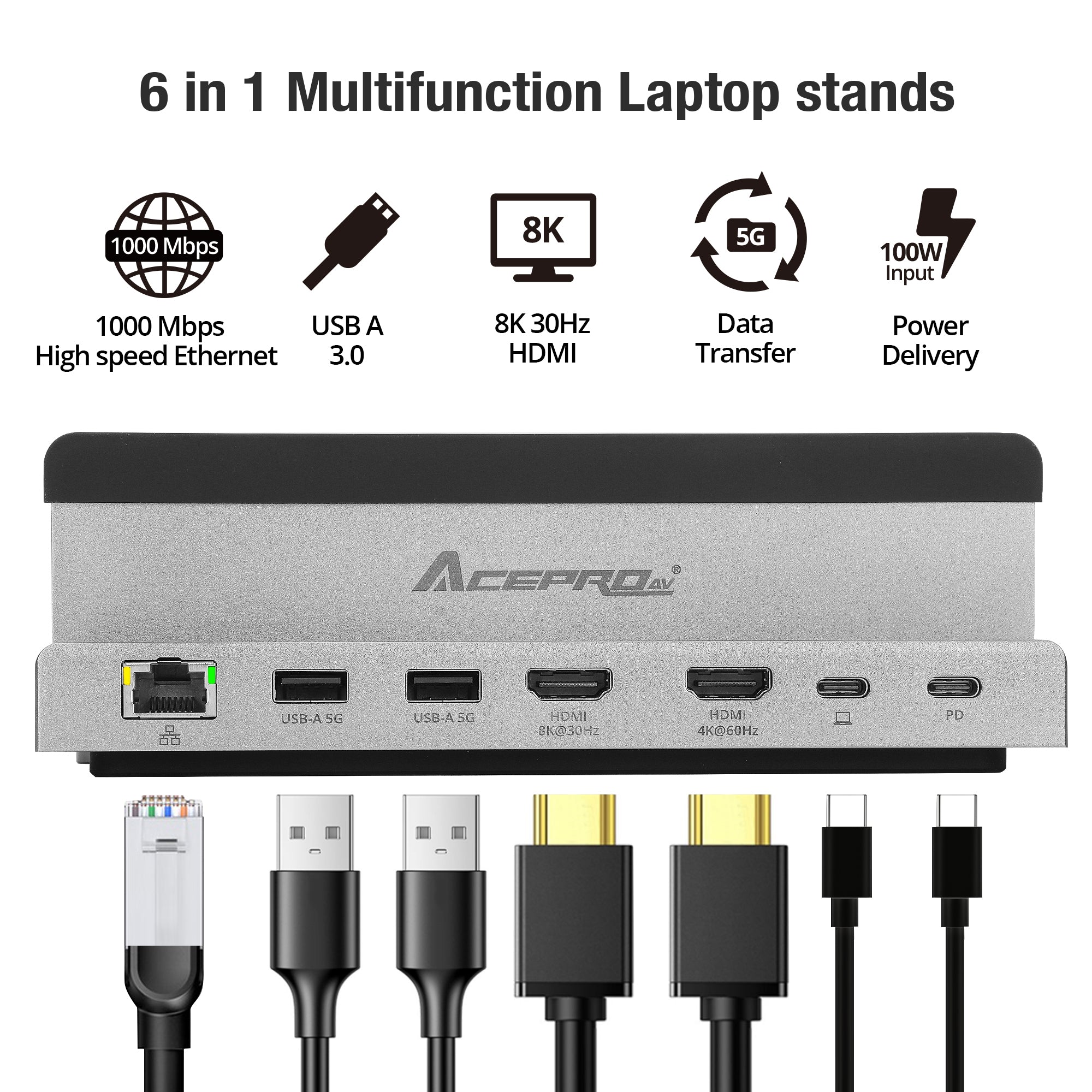 AceProAV 6 in 1 USB-C Laptop Stand with 8K Multitask Docking Station - Gray