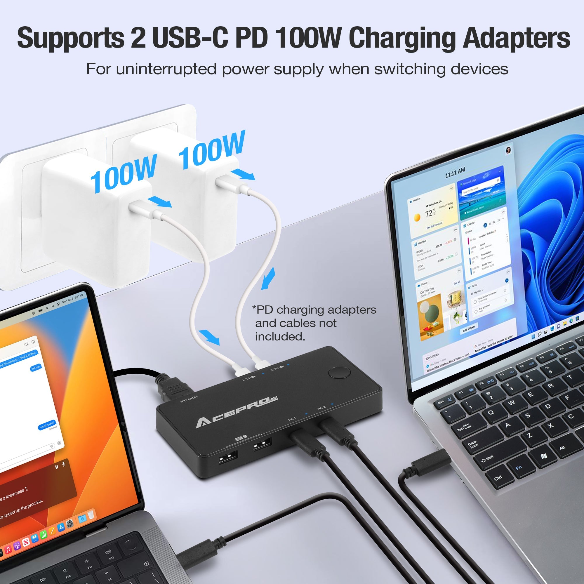AceProAV 2x1 USB-C 4K60Hz KVM Switch with PD pass-through - Black