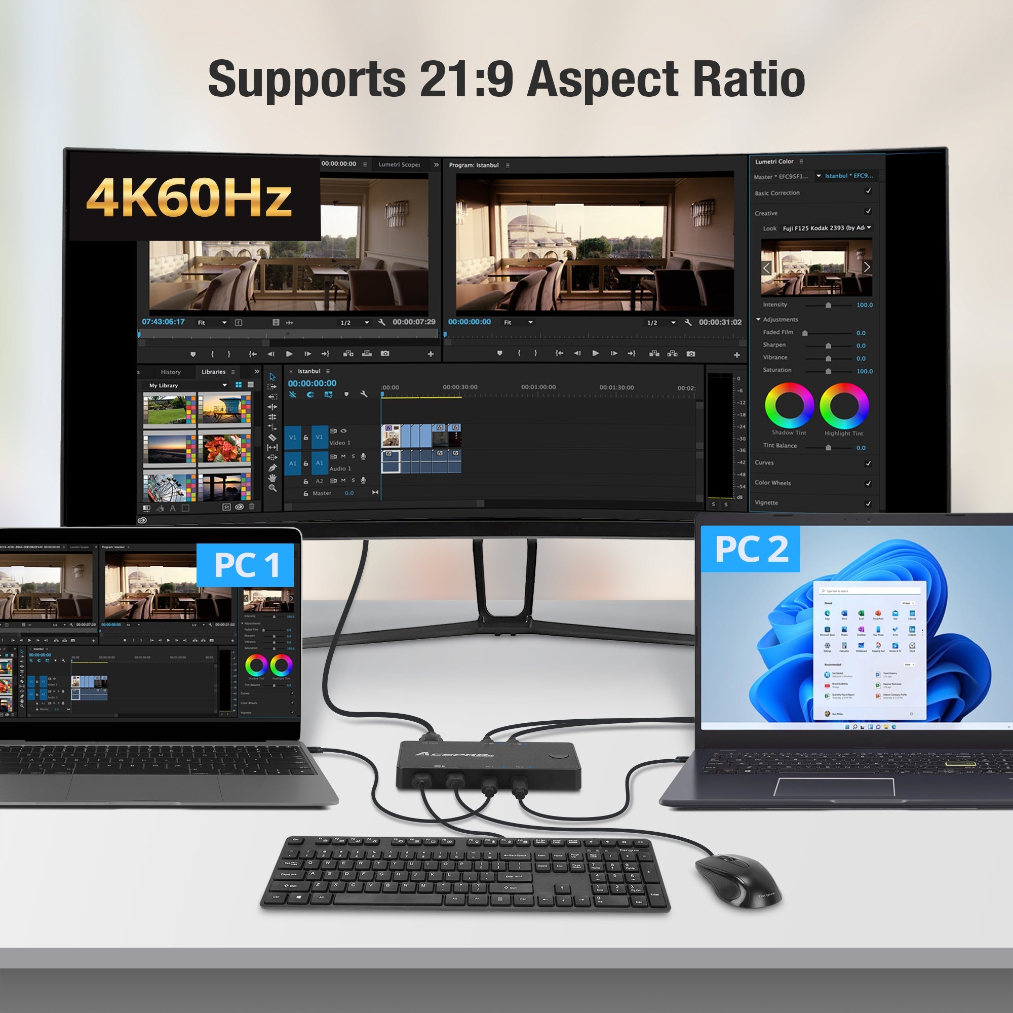 AceProAV 2x1 USB-C 4K60Hz KVM Switch with PD pass-through - Black